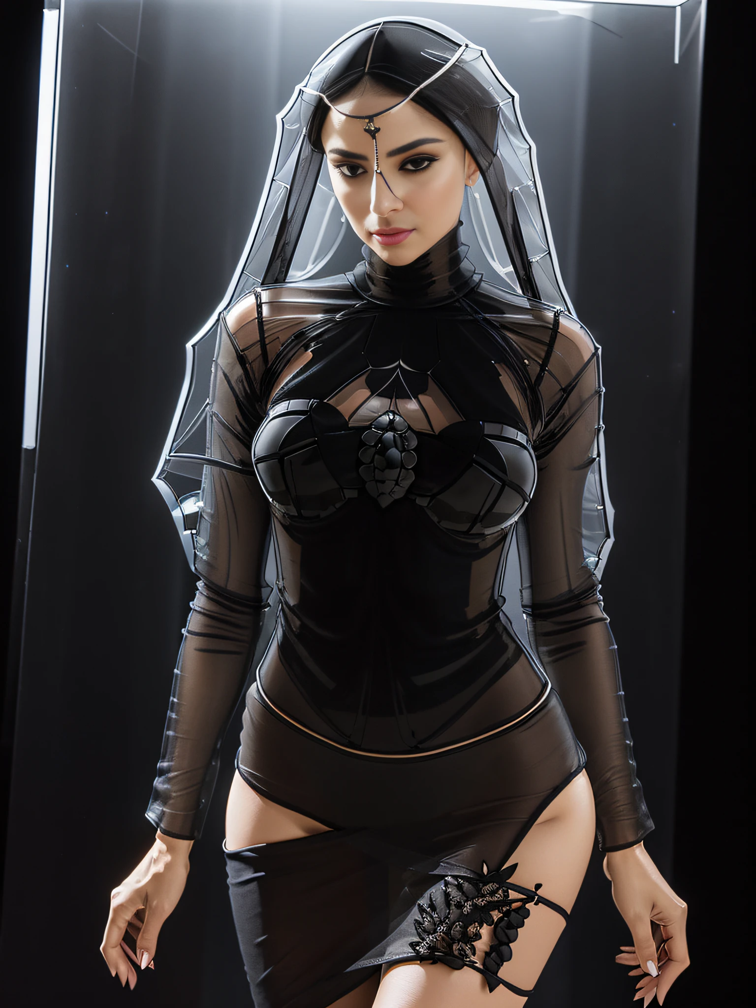 best quality, masterpiece, (Persian woman),  (veil) (black transparent turtleneck:1.5), (white transparent mini skirt:1.1),(full body), (stiletto pumps), (transparent stockings:1.1), (huge breasts:1.3) (braless) (lace thong), ([lace|silk|sheer|sheer:0.25] fabric)1.2, detailed facial features, detailed, cinematic lighting