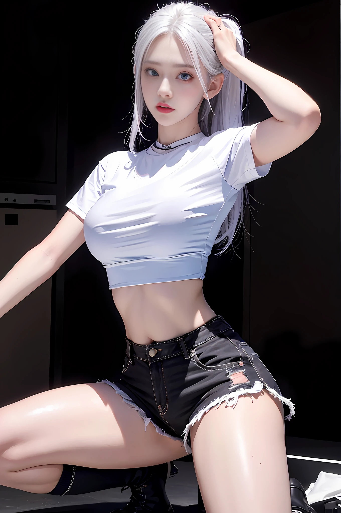 photorealistic, high resolution, 1 girl, white hair, korean, blue eyes, white shirt, skimpy tight black shorts, thick thighs,detailed face,raw photo,beautiful girl face,