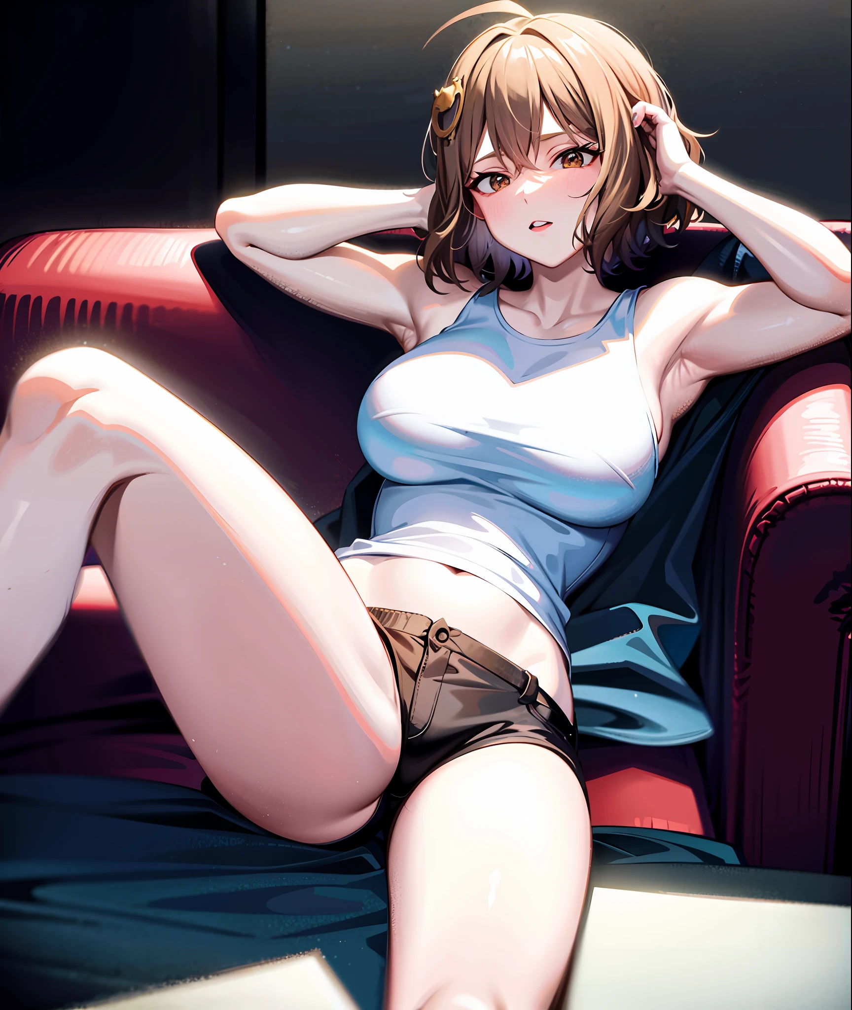 White t-shirt, J-cup, brown shorts, sitting on sofa