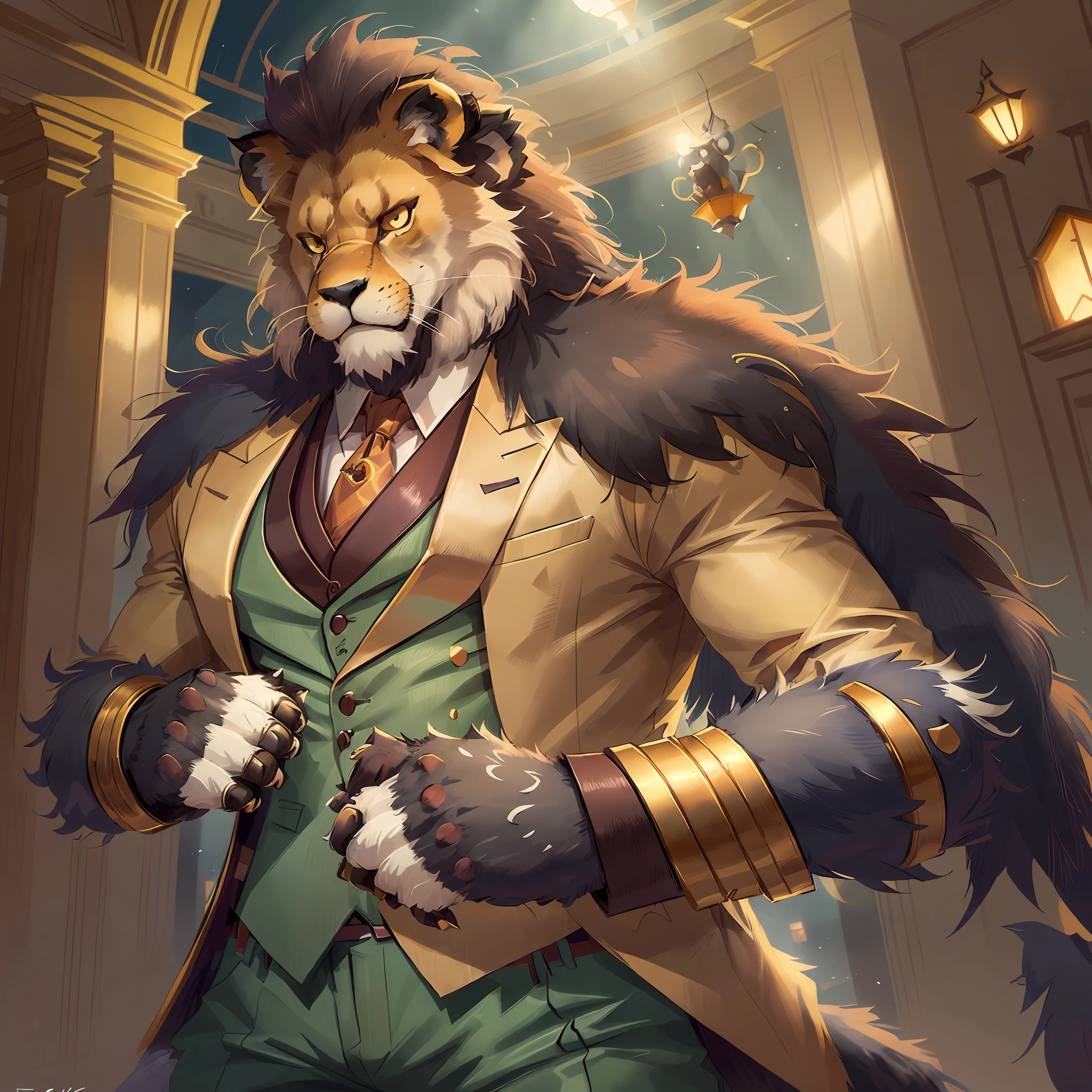 top quality ultra-fine illustrations, Reality and vitality, Expression of dense muscles, Coats that skillfully reflect light, dynamism, energy, elegance, Luxury, Harmony with space, Passionate expressiveness(classic concert, opera house, Backlighting)(highly detailed beautiful face and eyes)absurdres, perfect anatomy((beast man, solo focus, sharp focus)) (furry, tuxedo) (furry anthro:1.7) ((((Furry body, male lion facial features, male lion body features)))) ((Male lion's muzzle, very detailed fur))full body, Fighting pose, invincible smile (portrait),