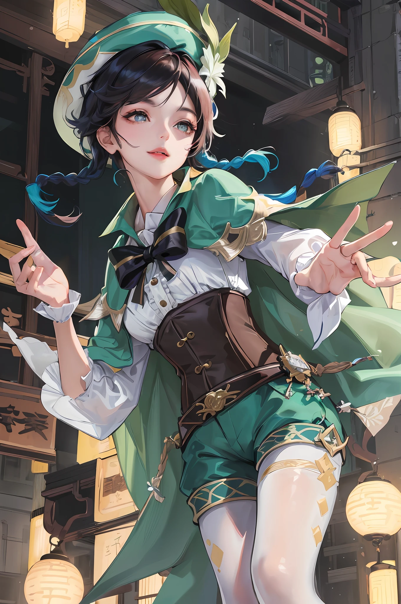 Masterpiece, best quality, night, full moon, 1 girl, mature woman, Chinese style, ancient China, sister, imperial sister, smile, dark brown hair, dark hair, princess cut, a Fried Dough Twists braid, coiled hair, double ball head, light pink lips, calm, intellectual, middle hair, green pupil, hairpin, embroidery ball, fine face, facial close-up, hand close-up,Best quality, masterpiece, ultra high res, (photorealistic:1.4), raw photo, 1girl, glowing skin, light smile,venti (genshin impact), lyre, black hair, hat, smile, braid, long sleeves, twin braids, gradient hair, multicolored hair, pantyhose, vision (genshin impact), shorts, blue hair, green headwear, beret, white pantyhose, green shorts, collared cape, bangs,shirt, jewelry, white shirt, brooch, cape, androgynous, frilled sleeves, frills, corset, short hair with long locks
