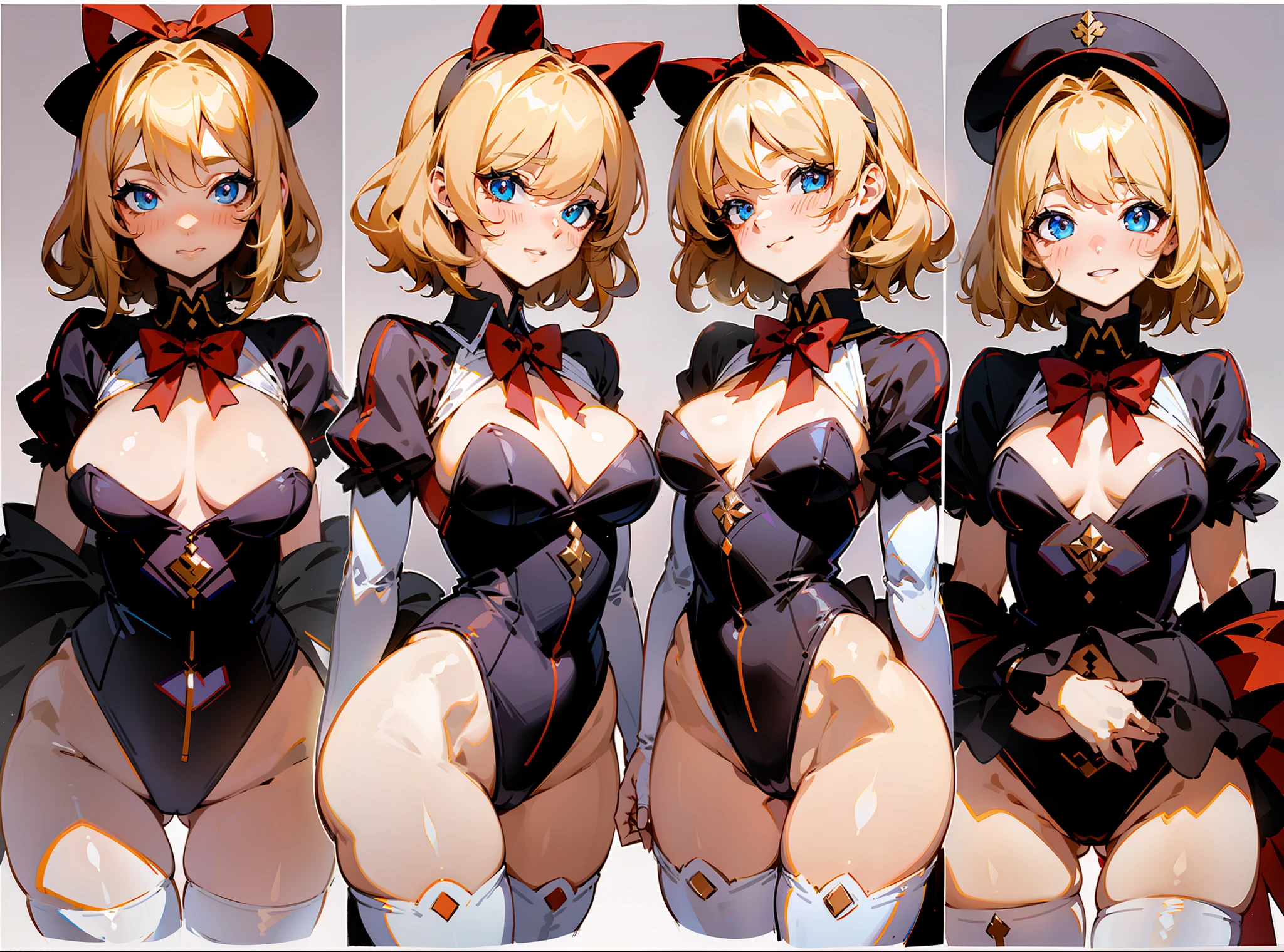 Masterpiece: 1.6, best quality: 1.4, live image: 1.2, intricate details: 1.2, charturnerv2: 1.2, 1lady full body character change, Appearance: young: 1.25, thin: 1.3, blue eyes, thick eyelashes,medium breasts, detailed eyes, quality eyes, Clothing: adapted costume, leotard:1.3 Accessories: red bow, red ribbon, Hair: blonde hair, short hair, semi curly hair, natural, shiny skin, (single background, white background:1.8), transparent Background, multiple views, multiple views of the same character in the same outfit: 1.3., character sheet: 1.2, multiple facial expressions: 1.3, seductive smile, sexy, shaded face, white legwear, white thighhighs, blush, nose blush:1.2