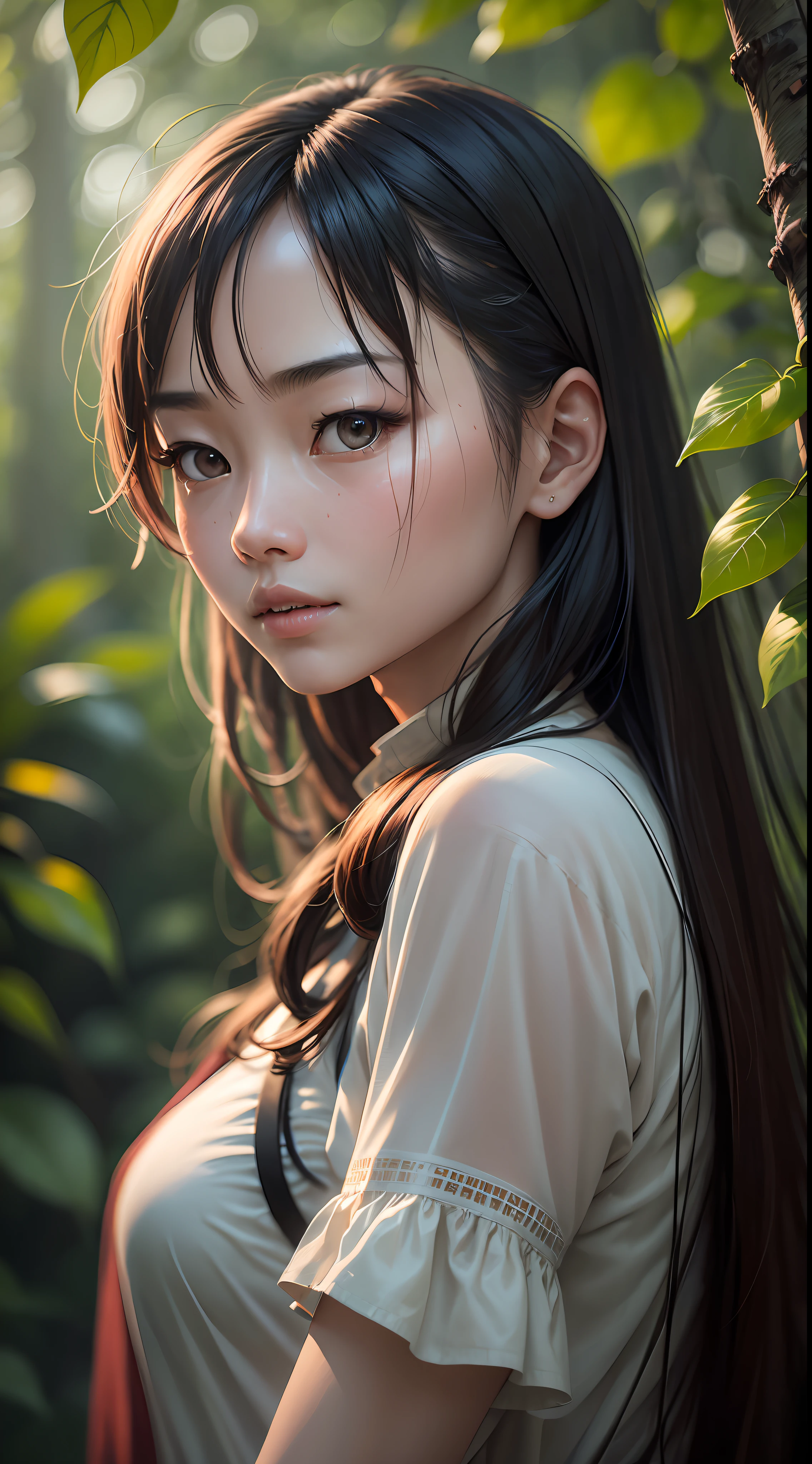 A Chinese woman walks through the jungle in fireflies at night, (high detail: 1 1), rough face, natural skin, high quality, nsfw, beautiful eyes, (detailed face and eyes), (face: 1 2), noise, extra, real photo, psd, light film photography, clear focus, contrast lighting, detailed skin, high resolution 8k, crazy detail, realistic, professional photography, 8k UHD, SLR camera, soft light, high quality, film grain, Fujifilm XT3 --auto --s2