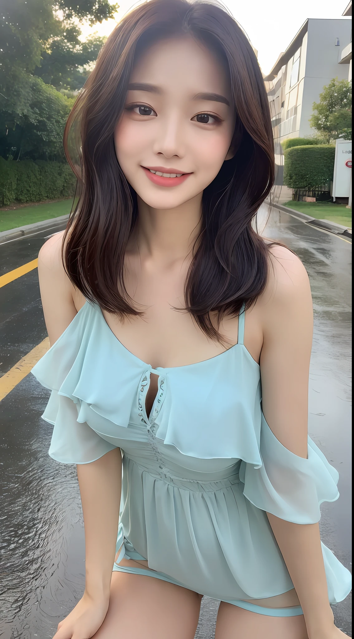 ((Top Quality, 8K, Masterpiece: 1.3)), Focus: 1.2, Perfect Body Beauty: 1.4, Ass: 1.2, ((Layered Haircut, Chest: 1.2)), (Bikini: 1.1), (Rain, Street: 1.3), Bando Dress: 1.1, Highly Detailed Face and Skin Texture, Narrow Eyes, Double Eyelids, Whitening Skin, Long Hair, (Shut Up: 1.3), Smile