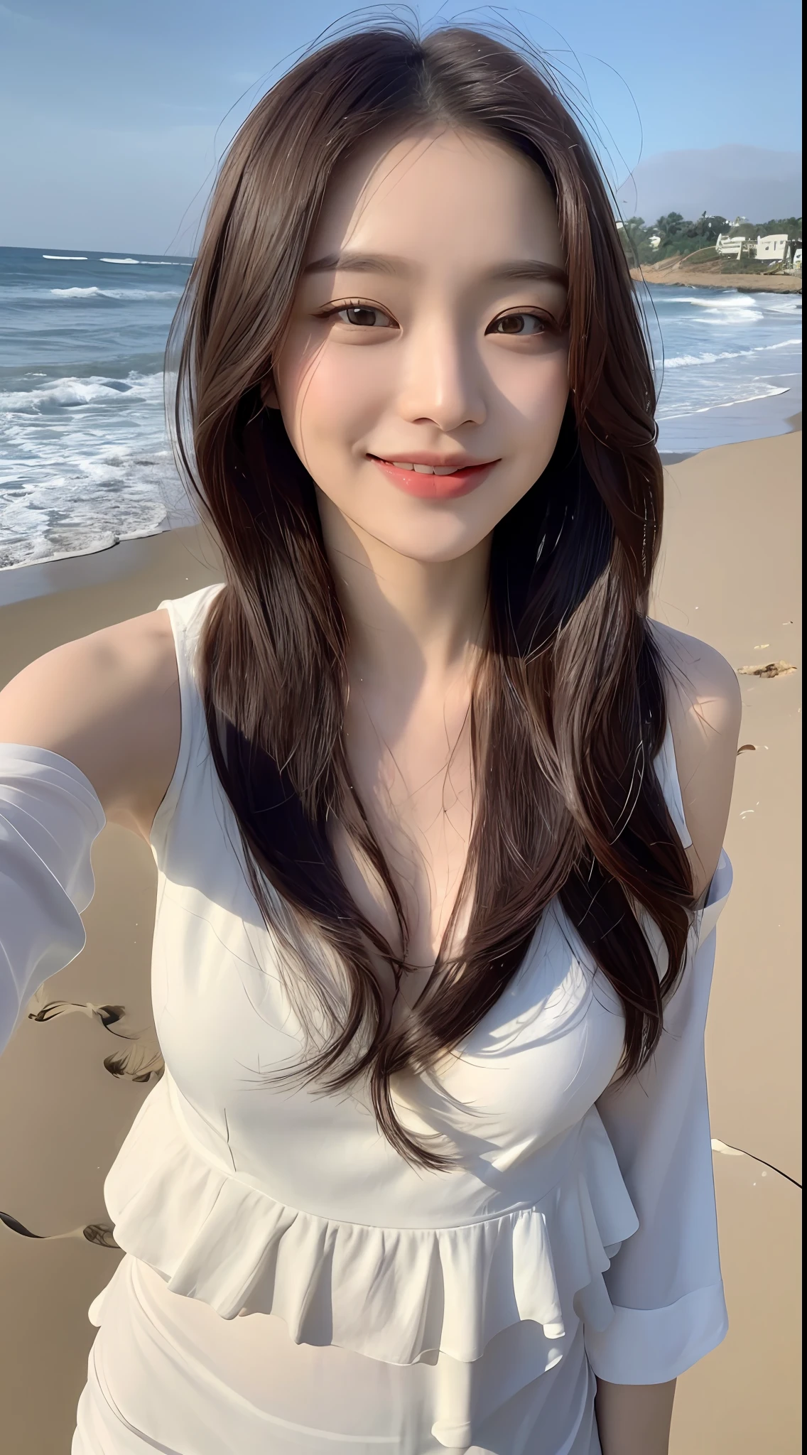 ((Top Quality, 8K, Masterpiece: 1.3)), Focus: 1.2, Perfect Body Beauty: 1.4, Ass: 1.2, ((Layered Haircut, Chest: 1.2)), (Wet Clothes: 1.1), (Beach, Sea: 1.3), Bando Dress: 1.1, Highly Detailed Face and Skin Texture, Narrow Eyes, Double Eyelids, Whitening Skin, Long Hair, (Shut Up: 1.3), Smile
