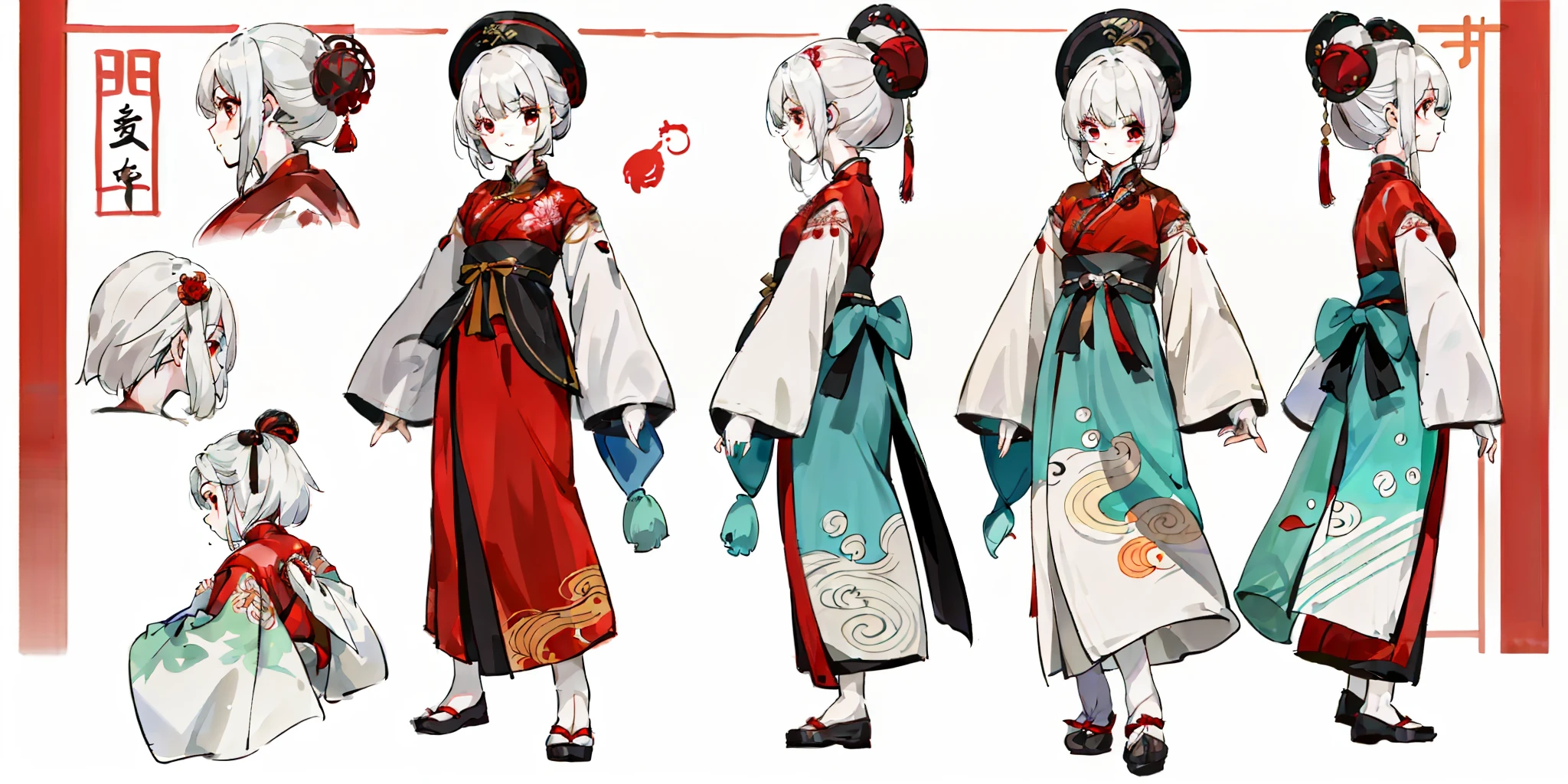 ****ung girl, character sheet, Hanfu, traditional Chinese costume, long and fluent clothes, cloth shoes, full body, (masterpiece: 1.2), (best quality: 1.3), 1 girl, standing, cute, short white hair