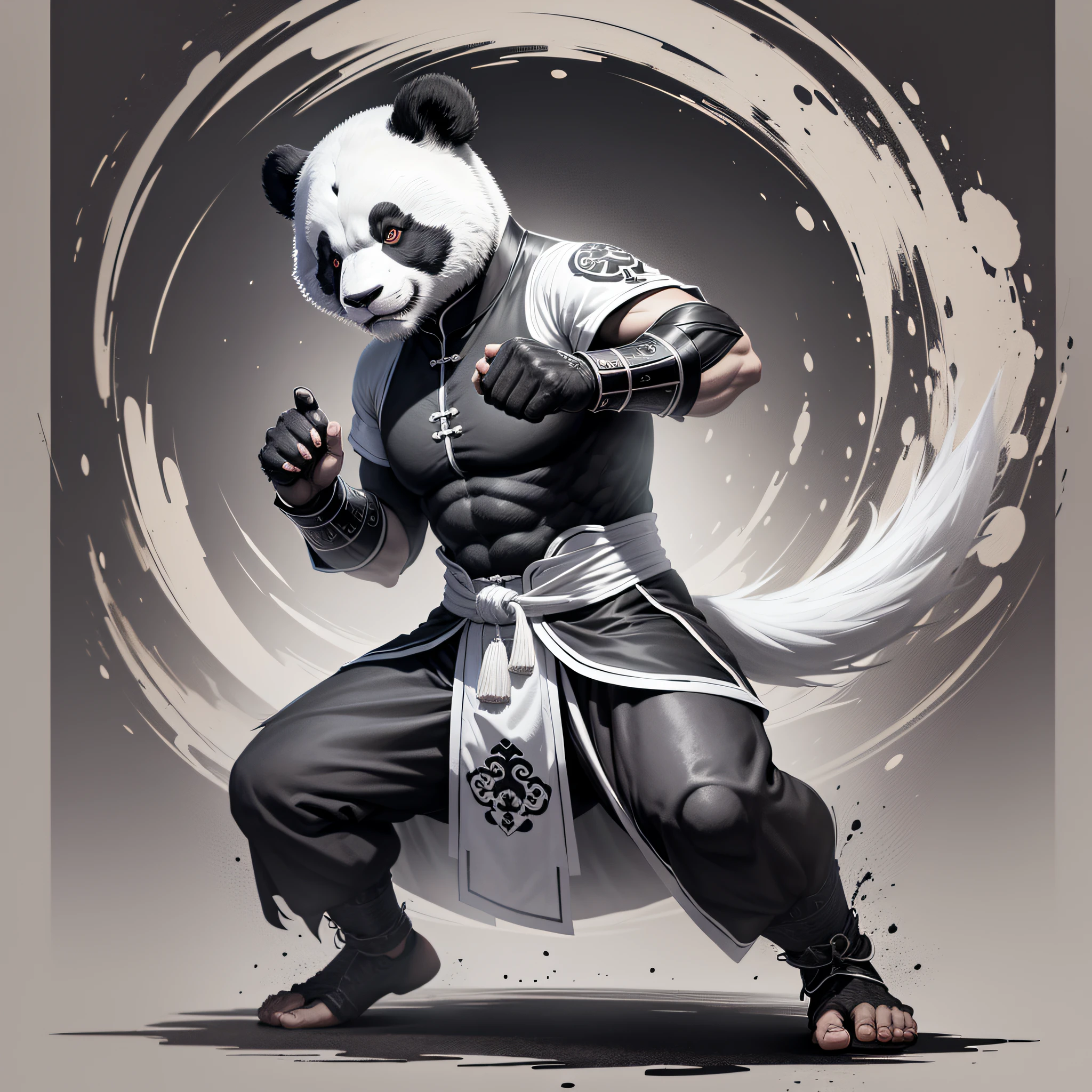 8K, a giant panda playing Tai Chi, Chinese kung fu pose, martial arts style, chivalrous dress-up, ink painting style, smudging, black and white theme, fierce expression, scars on the face, dark series, --auto --s2