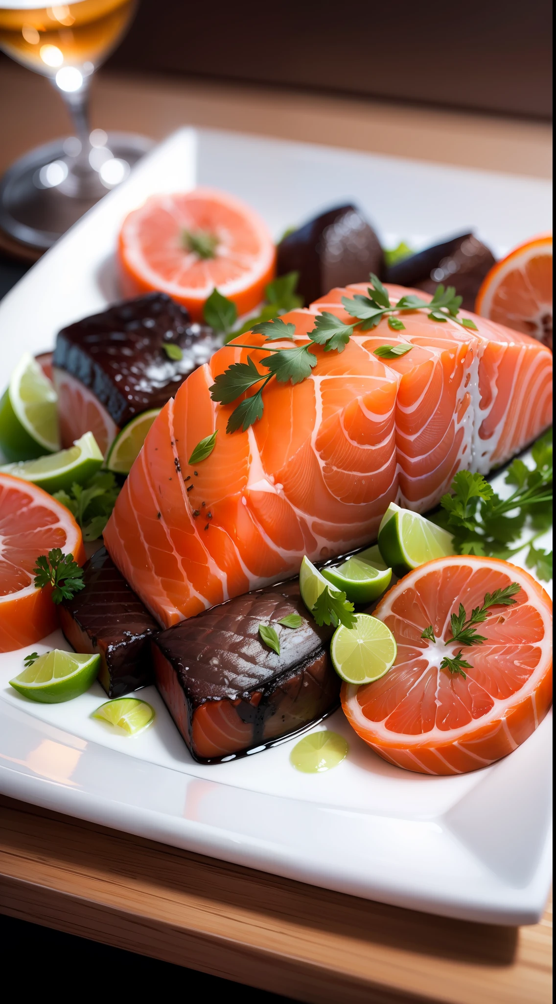 Perfect raw salmon fillet platter, super high quality, bright tones, product view, kitchen background, sharp focus, centered composition, natural lighting, photo realism, photo realism, award-winning photography, high contrast, 8K--q 2