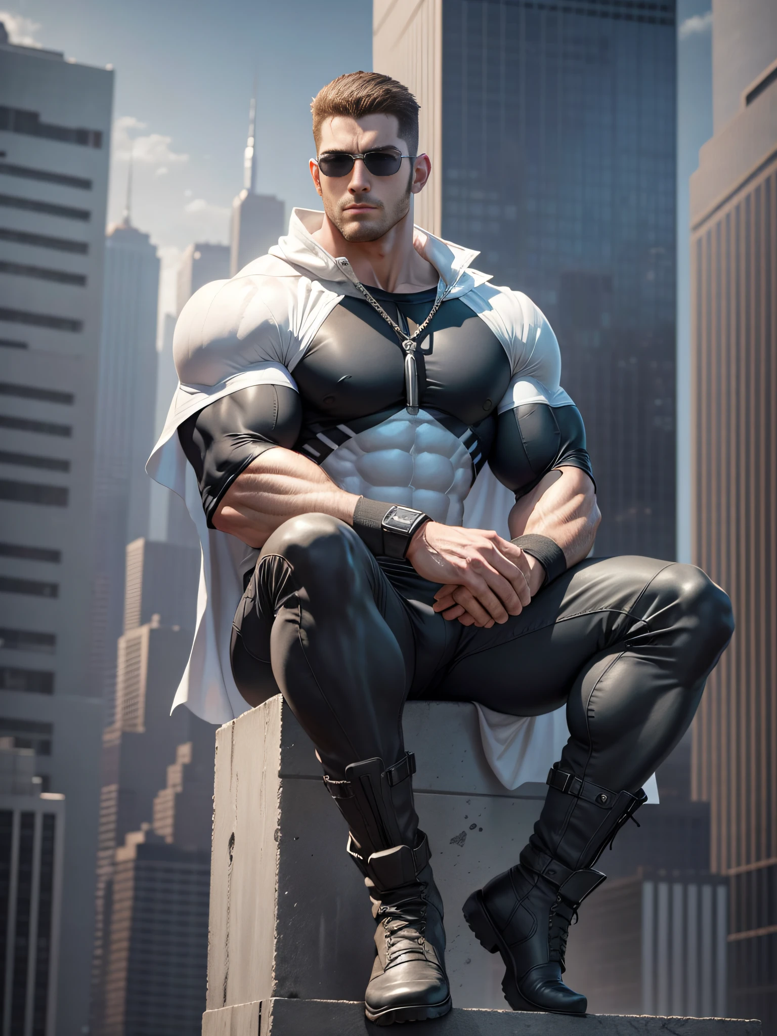 Movie poster, man in dark gray clothes, sitting alone on top of a skyscraper, fluttering white cape, muscle male hero, Buzz cut, heroic male pose, tall and burly, muscular! Wearing black sunglasses, tall and burly, stealth suit, super buff and cool, high resolution committee, character design (Resident Evil - Chris Redfield), black military boots, attractive strong male, moonlight on body, lonely