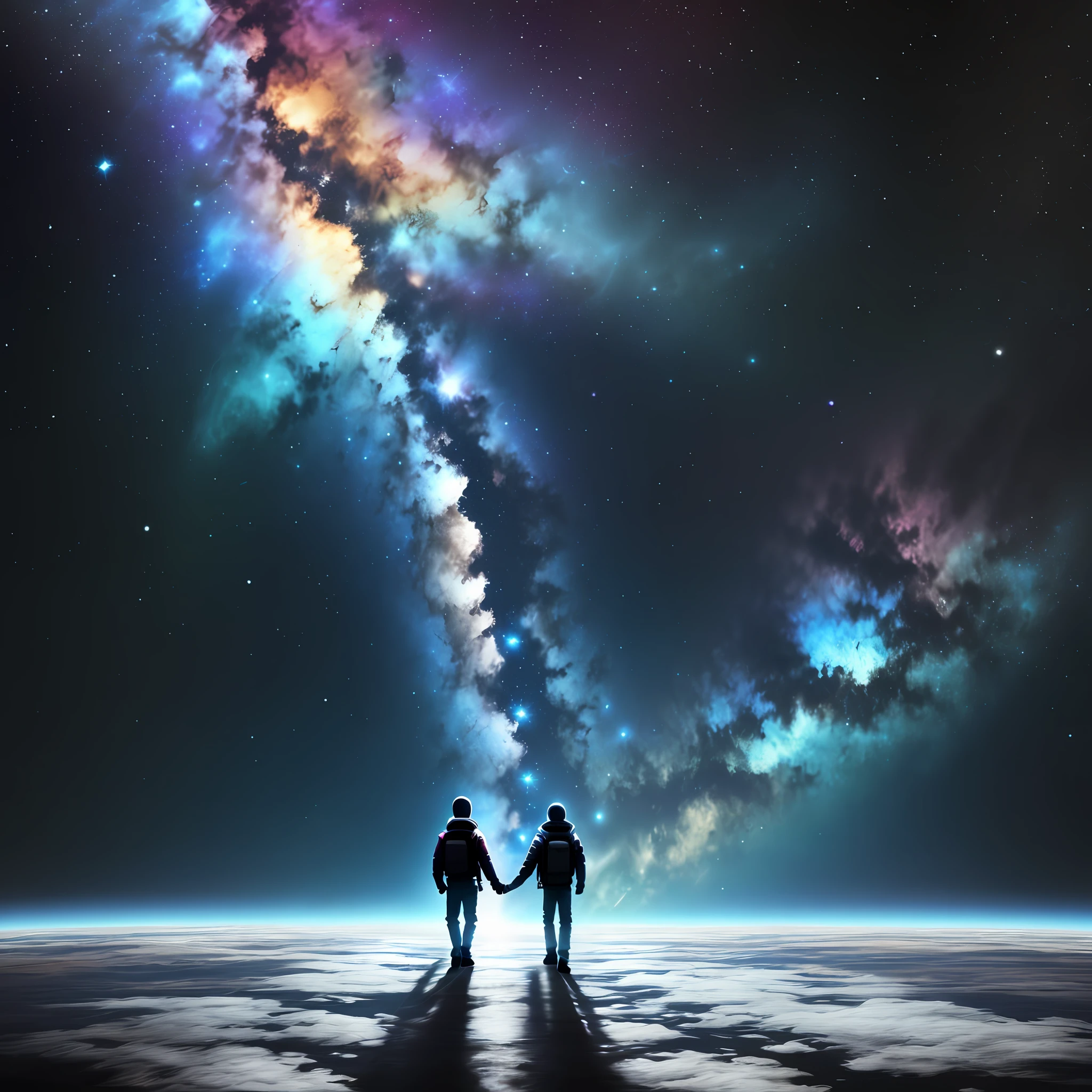 Space background, the two walked forward hand in hand, farewell from the distance