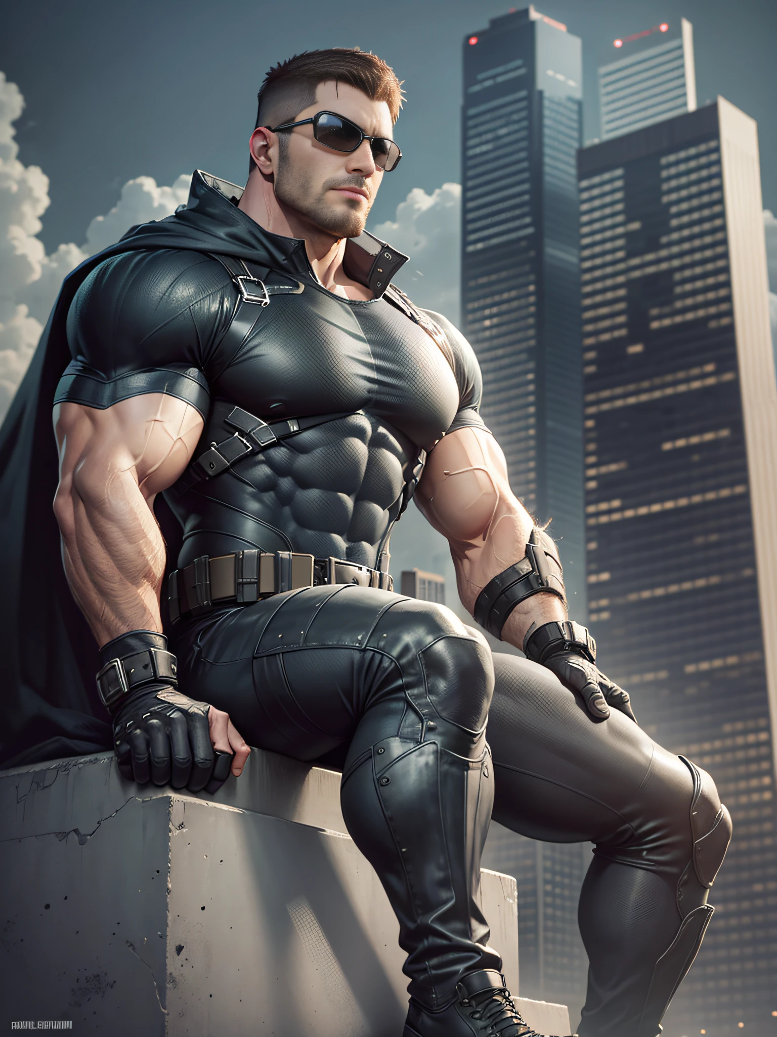 Movie poster, man in dark gray clothes, sitting alone on top of a skyscraper, fluttering white cape, muscle male hero, Buzz cut, heroic male pose, tall and burly, muscular! Wearing black sunglasses, tall and burly, stealth suit, super buff and cool, high resolution committee, character design (Resident Evil - Chris Redfield), black military boots, attractive strong male, moonlight on body, lonely
