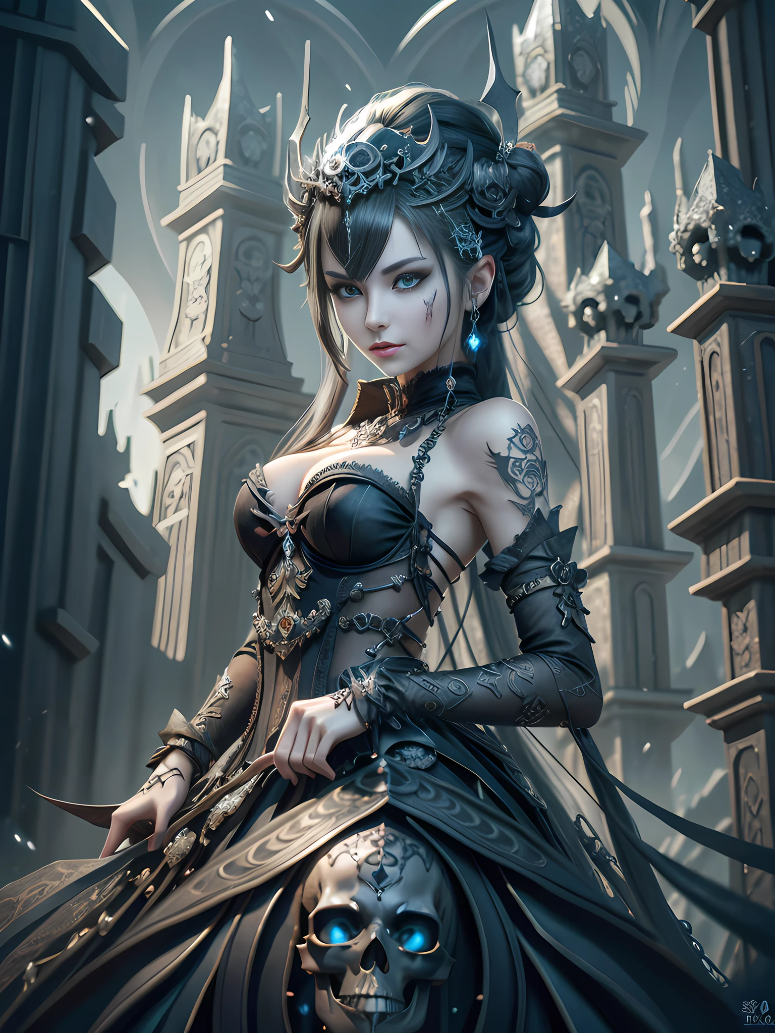 Dark Style Beautiful Underworld Princess Spooky Bad Smile Tattoo Anime 3D Style 3D Dark Night Black Sky Horror ((Cold Complex Skull Accessories )) (Guvez style artwork) ((Black underground palace with huge complex structure in background)) Leica lens Depth of Field (Masterpiece, Top Quality, Best Quality, Official Art, Beauty and Aesthetics: 1.2), (1girl: 1.3), (Fractal Art: 1.3) --V6 --Q2 ---S1000