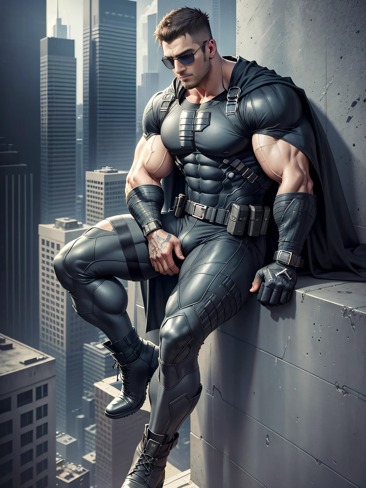 Movie poster, man in dark gray clothes, sitting alone on top of a skyscraper, fluttering white cape, muscle male hero, Buzz cut, heroic male pose, tall and burly, muscular! Wearing black sunglasses, tall and burly, stealth suit, super buff and cool, high resolution committee, character design (Resident Evil - Chris Redfield), black military boots, attractive strong male, moonlight on body, lonely
