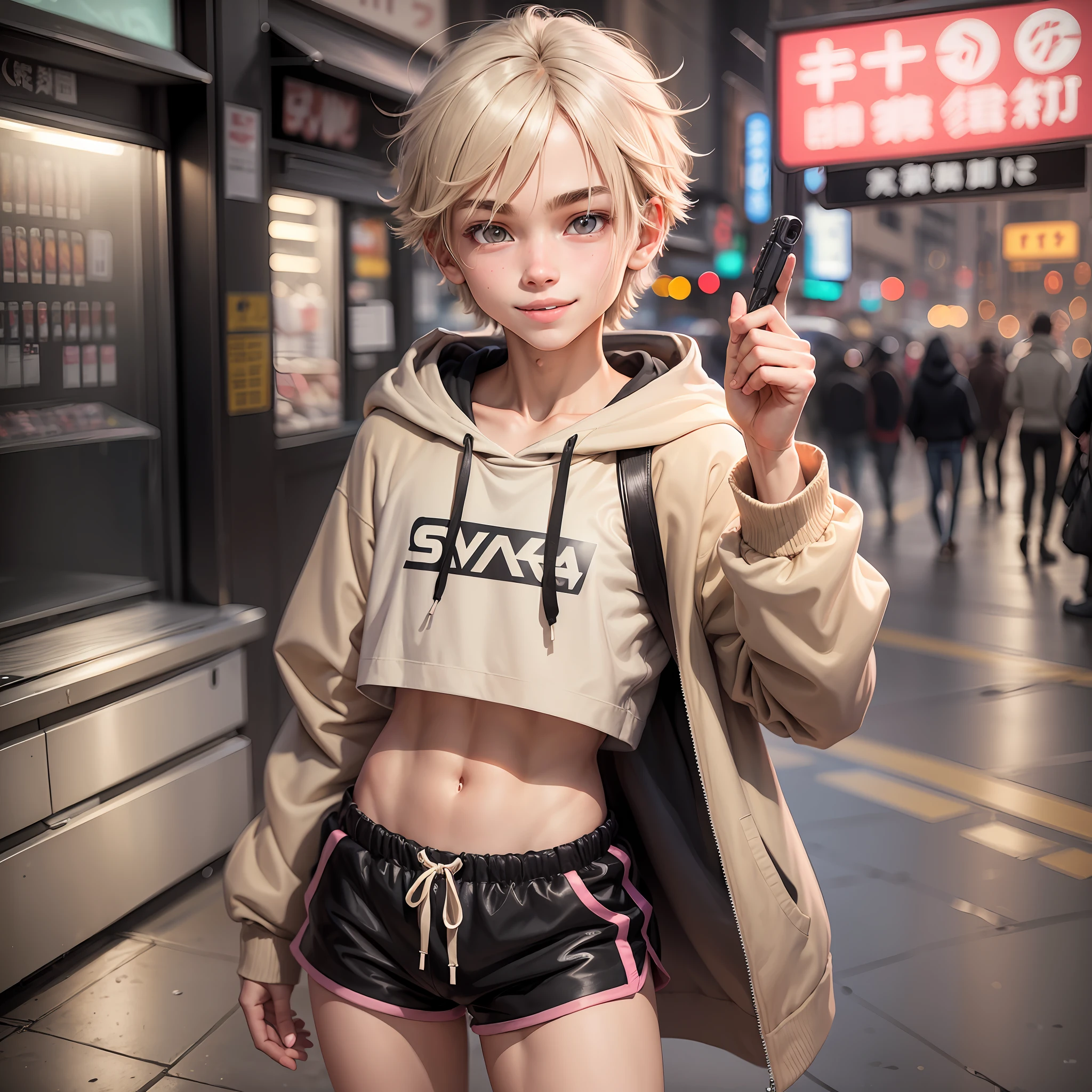 One teenage boy, grey eyes, beige hair, black hoodhoodie (the fabric is thin), mischievous smile, light on face, sticking out tongue, pointing a pistol at me, thin eyebrows, pink thin lips, cute, short shorts, Japan town --auto --s2
