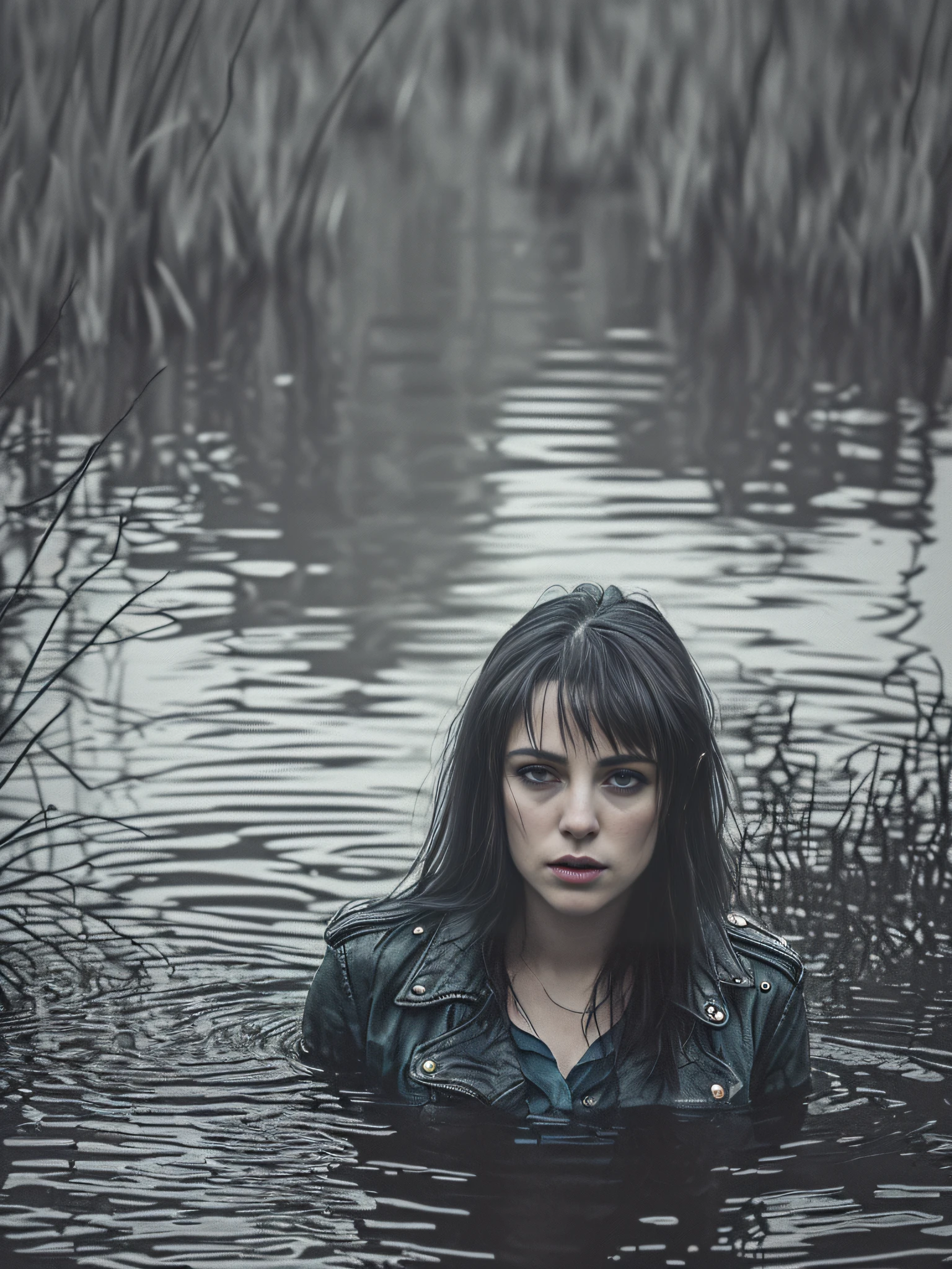 "(twilight, swamp, draterwater lighting, shading from below), a woman in blue jeans and a leather jacket, sexually drowning in the swamp, blushing face."