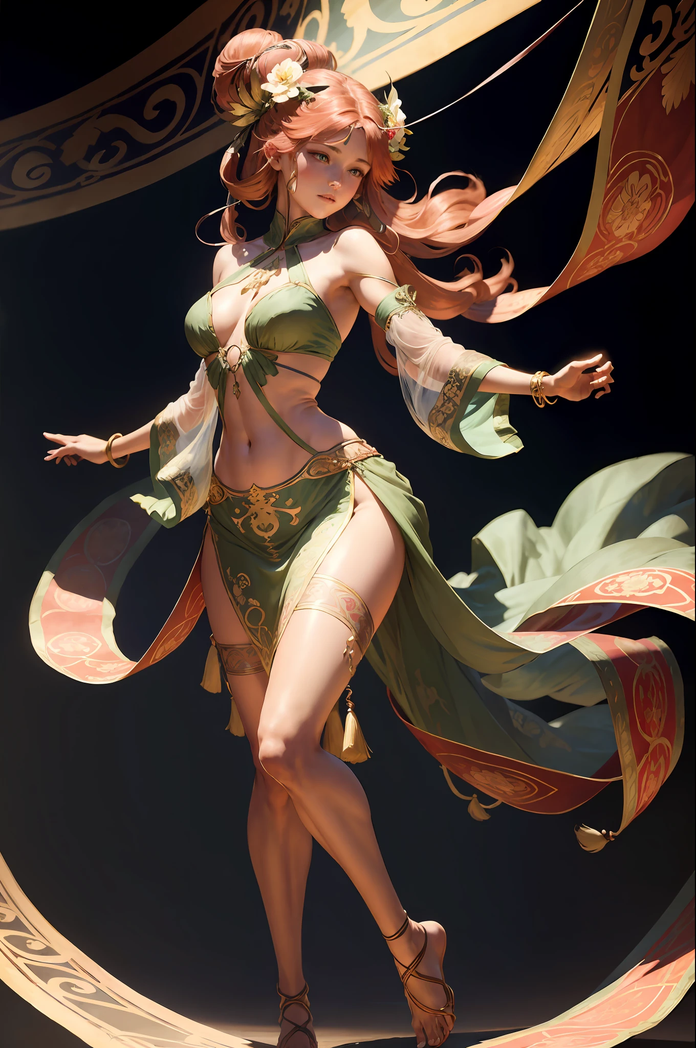 (Alphonse Mucha: 1.4), facial portrait of a European beauty, dance, long hair, red and green gradient hair flower decoration, (no clothes: 2), (details +Intricate details: 1.2), 4K, abstract art, body is proportional, line art, side face, color, Fibonacci, an ancient Chinese beauty, gorgeous costume embroidered with intricate embroidery, transparent colored streamers tied on arms, flowing, navel, bare shoulders, bare neck coiled hair bun, flower hairpin, arm ring tied with streamer, bracelet, anklet, metal chain tassel tied around the waist, Mogao cave art, Dunhuang flying sky mural inspiration, ink, cgstation popular --v 6