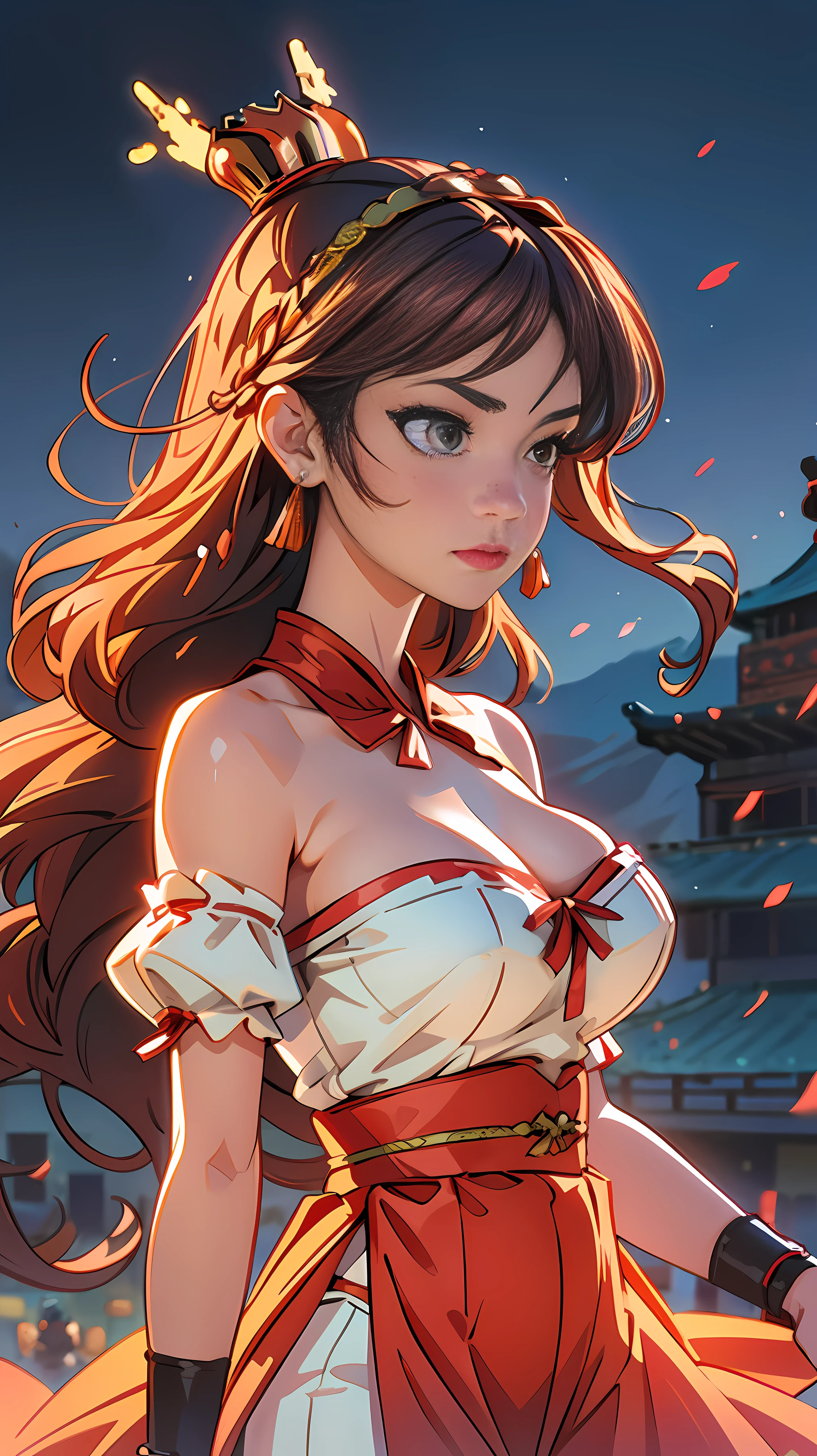 Best quality,masterpiece,ultra-detailed high res,(photorealistic:1.4),raw photo,,illustration,
1girl dancing,(solo:1.2),(cowboy shot:1.2),(hair crown:1.2),Traditional chinese dunhuang style clothes,Strapless,(red eyeliner:1.2),(big breasts:1.4), earrings,dynamic angle,Opera House,messy_long_hair,ink,cinematic lighting,lens_flare,Velvet,chrysanthemum,Tassel,Ribbon,color embroidery,