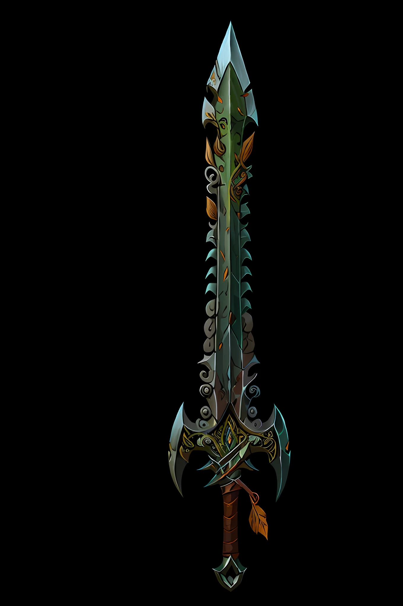 Game Art of battle sword in Painting Comix art style, best quality, Trending on Artstation, masterpiece, thorn vegetation, single sword, 2 edge, Extremely detailled, insane quality, (intricate details:1.2),(masterpiece:1.3),(best quality:1.4), cinema light, HDR, 8k resolution (best quality), ultra detailed