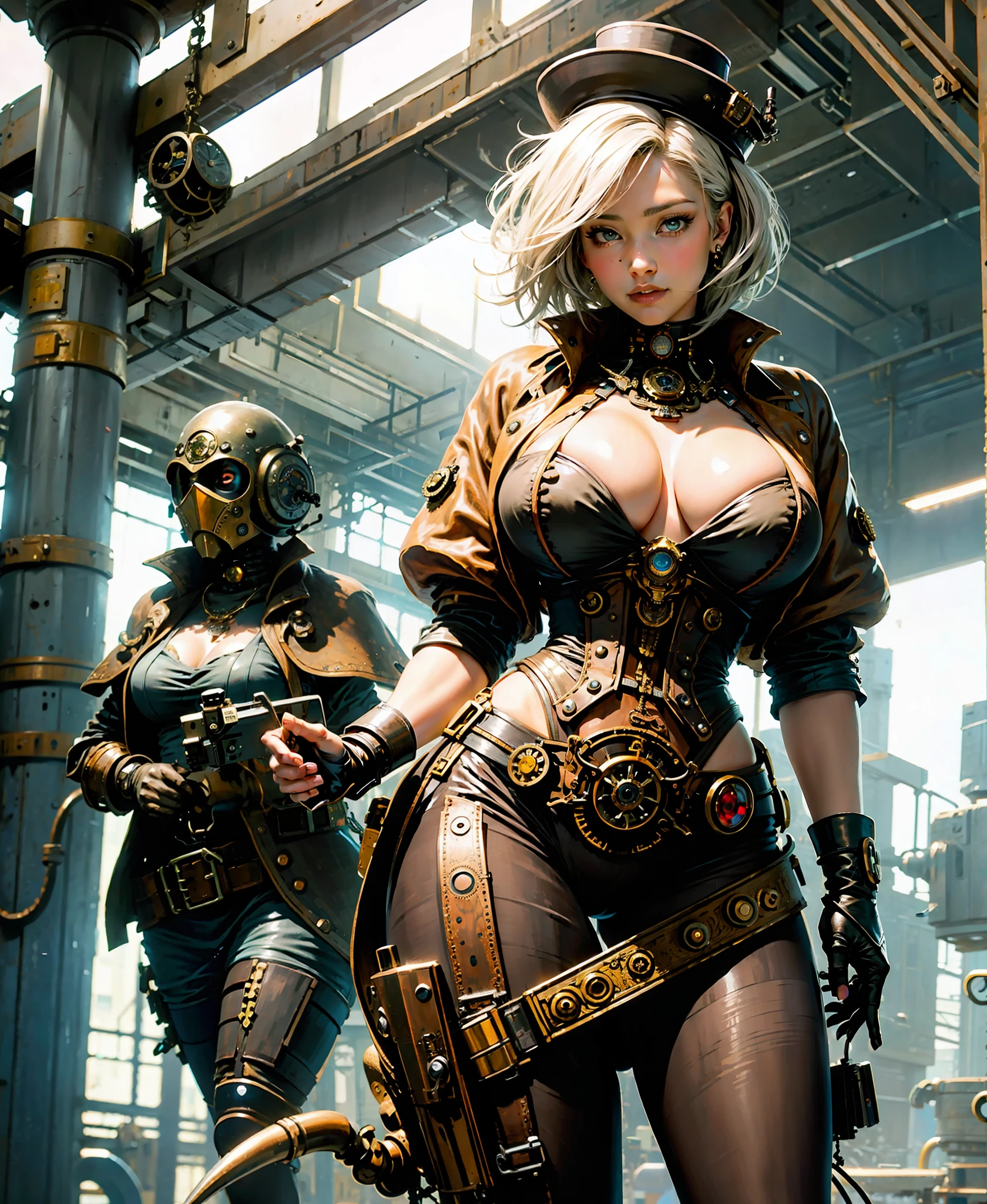 (((steampunk))),sexy pose, marked, gigantic bosoms,cameltoe,ultra realistic 8k cg, picture-perfect face, flawless, clean, masterpiece, professional artwork, famous artwork, perfect face, beautiful face, beautiful eyes, ((perfect female body)),large breasts, solo, ,skirt,,blush,seductive expression,extremely detailed_eyes,thick thighs,((white hair)), short hair, beautifully detailed background,depth of field,,bdsm,skindentation,full body,shirt, pantyhose,