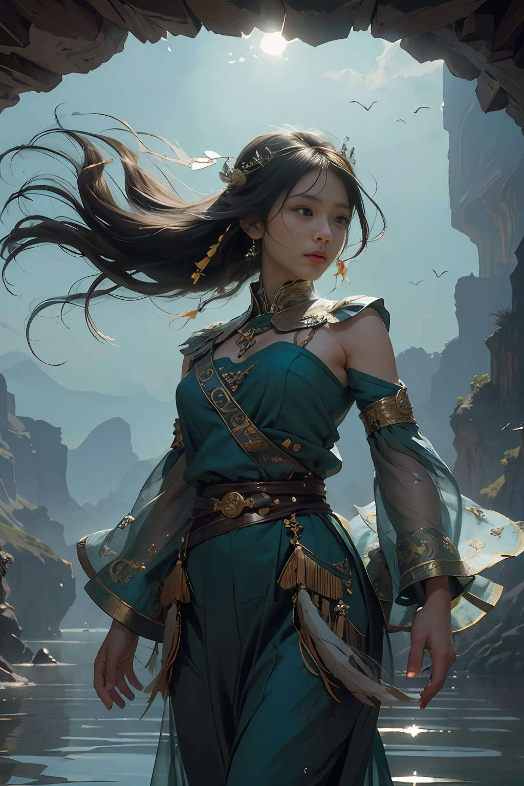 (highest quality, award-winning, masterpiece: 1.5), ultra-high resolution, (a fair-skinned girl: 1.2), long black hair, long hair floating (gorgeous face), calm, green long dress, turquoise, tribal ornaments, (feathers in hair: 0.4), headdress: 0.33, emerald, obsidian, detailed clothes, realistic skin texture, (floating particles, water swirls, embers, rituals, whirlwinds, wind: 1.2), clear focus, volumetric lighting, good highlights, good shadows, subsurface scattering, complex, highly detailed, ((film)), dramatic, (realism: 1.5), background canyon,