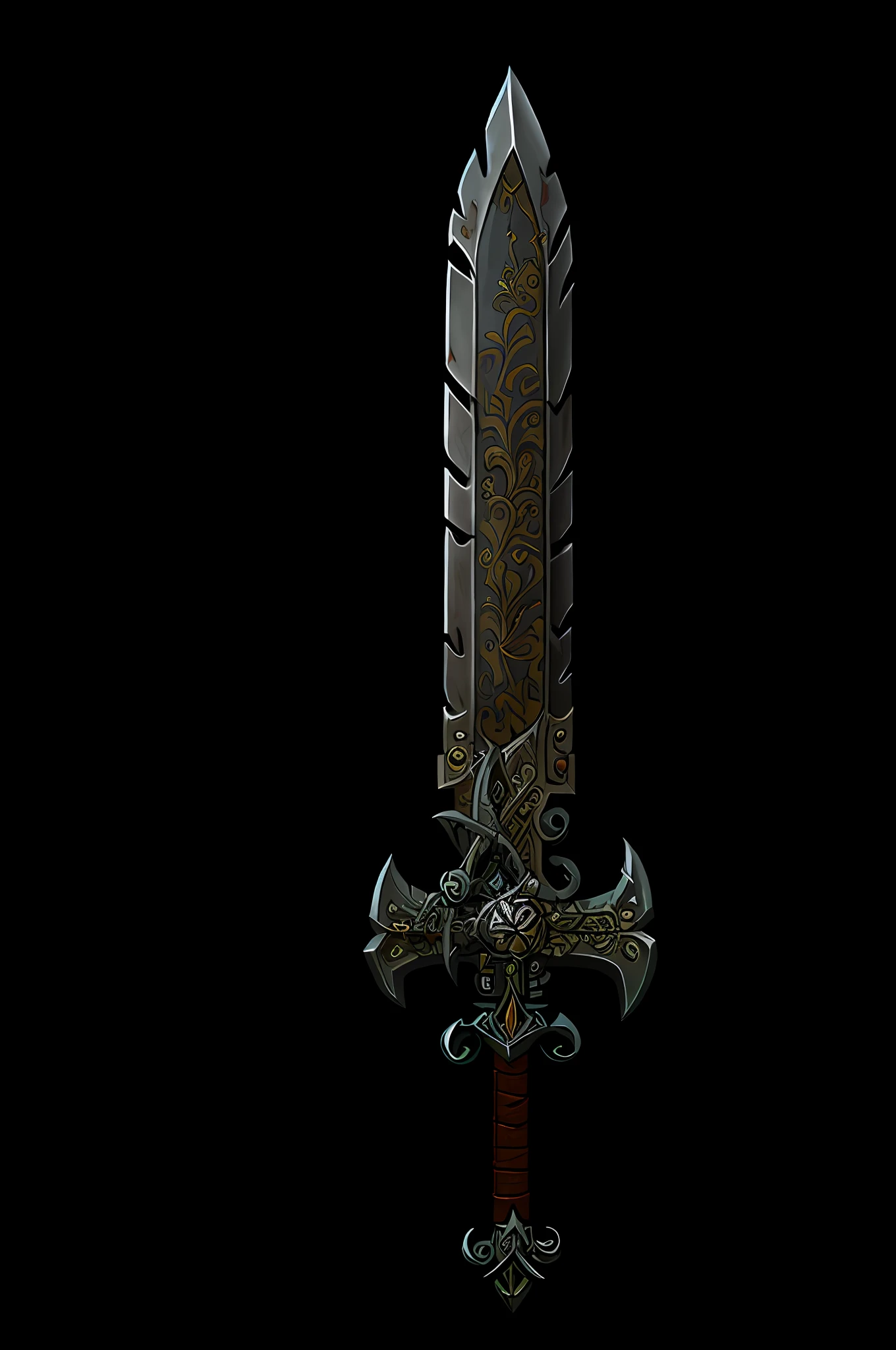 Game Art of battle sword in Painting Comix art style, best quality, Trending on Artstation, masterpiece, analog digital, single sword, 2 edge, Extremely detailled, insane quality, (intricate details:1.2),(masterpiece:1.3),(best quality:1.4), cinema light, HDR, 8k resolution (best quality), ultra detailed