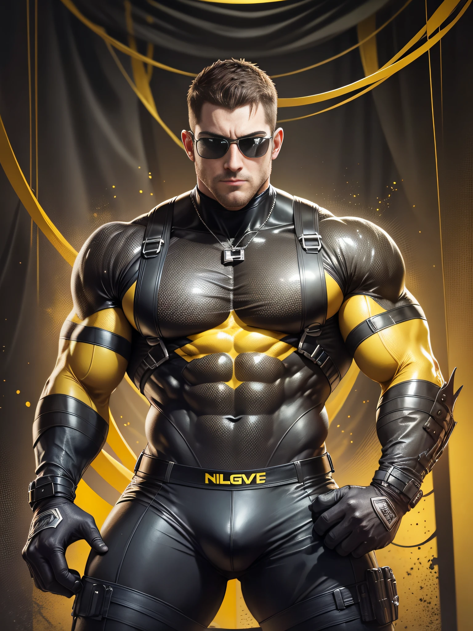 Man in yellow and black clothes, tightly wrapped in black stout tentacle, lying in the sticky tentacle's lair, muscle male hero, Buzz Cut, heroic male pose, tall and burly, muscular! Wearing black sunglasses, tall and burly, stealth suit, super buff and cool, high resolution committee, character design (Resident Evil - Chris Redfield), black military boots, attractive strong male