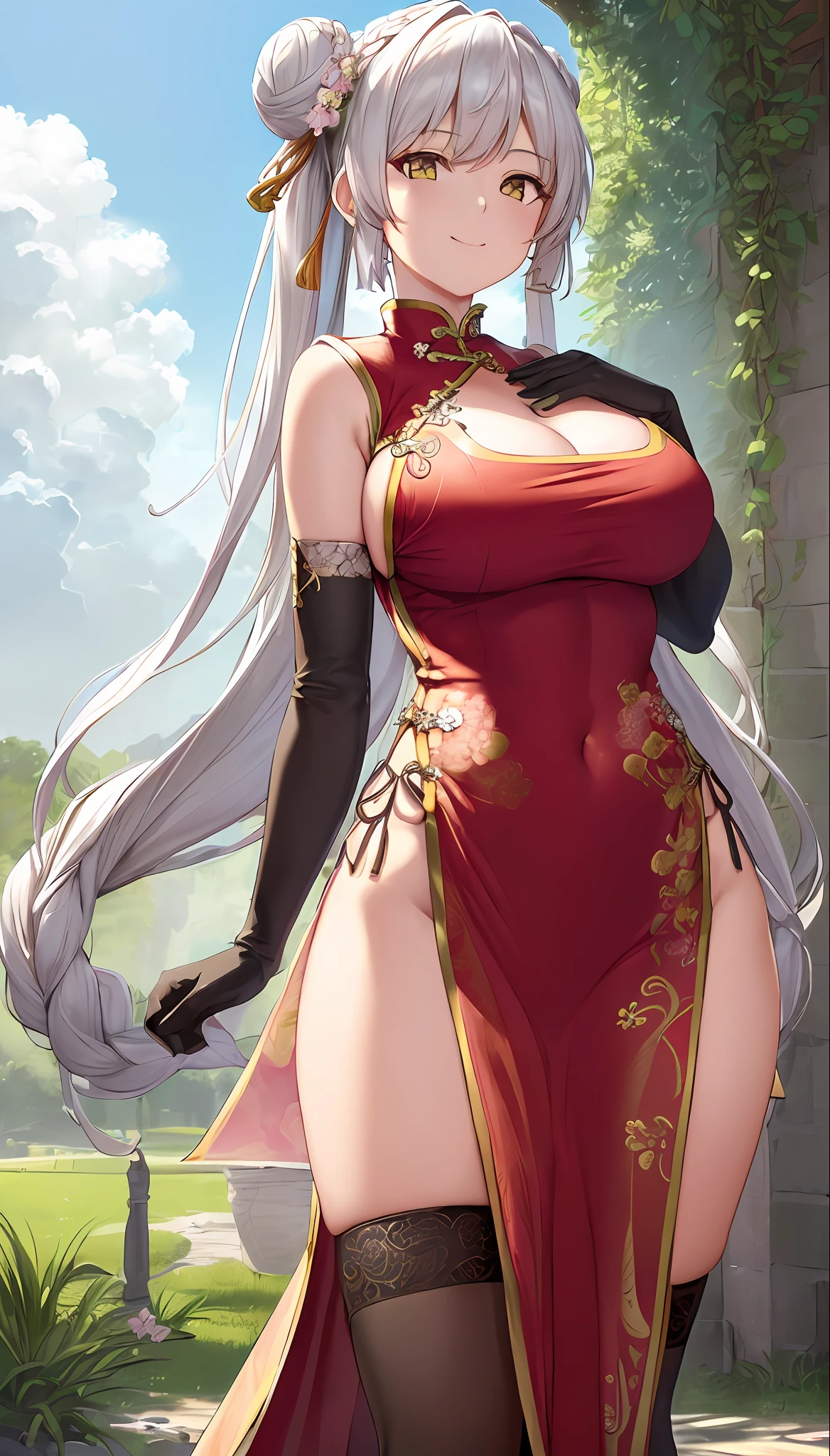 (((Highly detailed, highly detailed CG unified 8k wallpaper, illustrations, high resolution, absurdity, beautiful detailed eyes, fine breasts, highly detailed hair)), ((Masterpiece))
outdoor, sky, cloud, grass,
((beautiful detailed eyes)),
1 Girl, Solo, Chongqing
POV crotch,
cowboy shots,
bangs, mouth closed, medium breast, braid, yellow eyes, gray hair, double bun, chest, smile,
gloves, thighs, hair buns, elbow gloves, white thighs, white gloves, hair ornaments, shawls, side slits, dresses, braided buns, sleeveless, (floral), pelvic curtains, skirts, red skirts, shoes, red footwear, alternative costumes, braided buns, bare shoulders, braided bangs, (fur trim on clothes: 1.1), hair flowers, chinese dress, chinese clothes Big tits