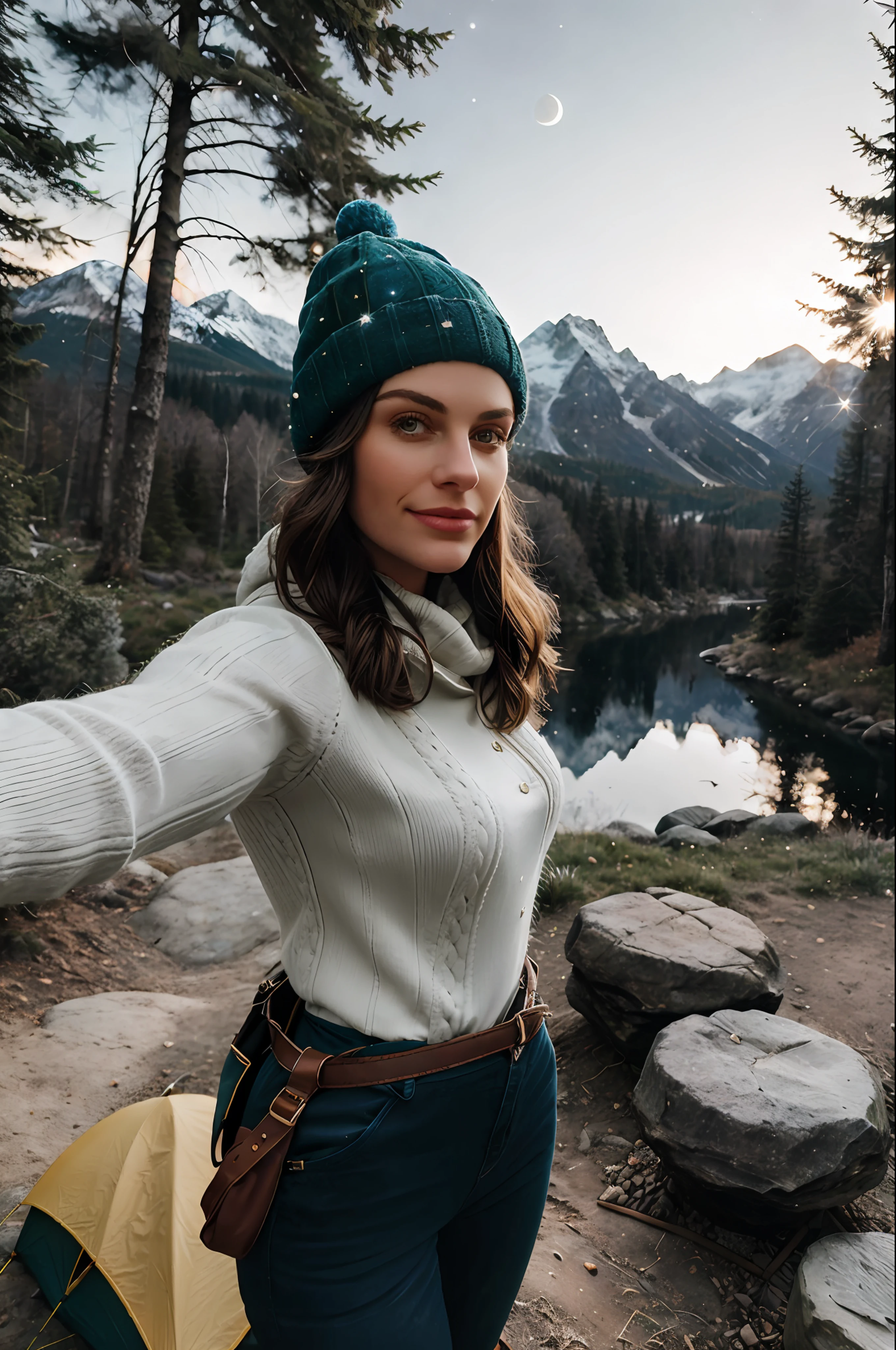 1 woman ((upper body selfie, happy)), masterpiece, best quality, ultra-detailed, earth, outdoor, (night), nature, (stars, moon) cheerful, happy, backpack, sleep bag, camping stove, water bottle, mountain boots, gloves, sweater, hat, lantern, forest, stones, river, wood, smoke, shadows, contrast, clear sky, style, (warm shade, warm tone)