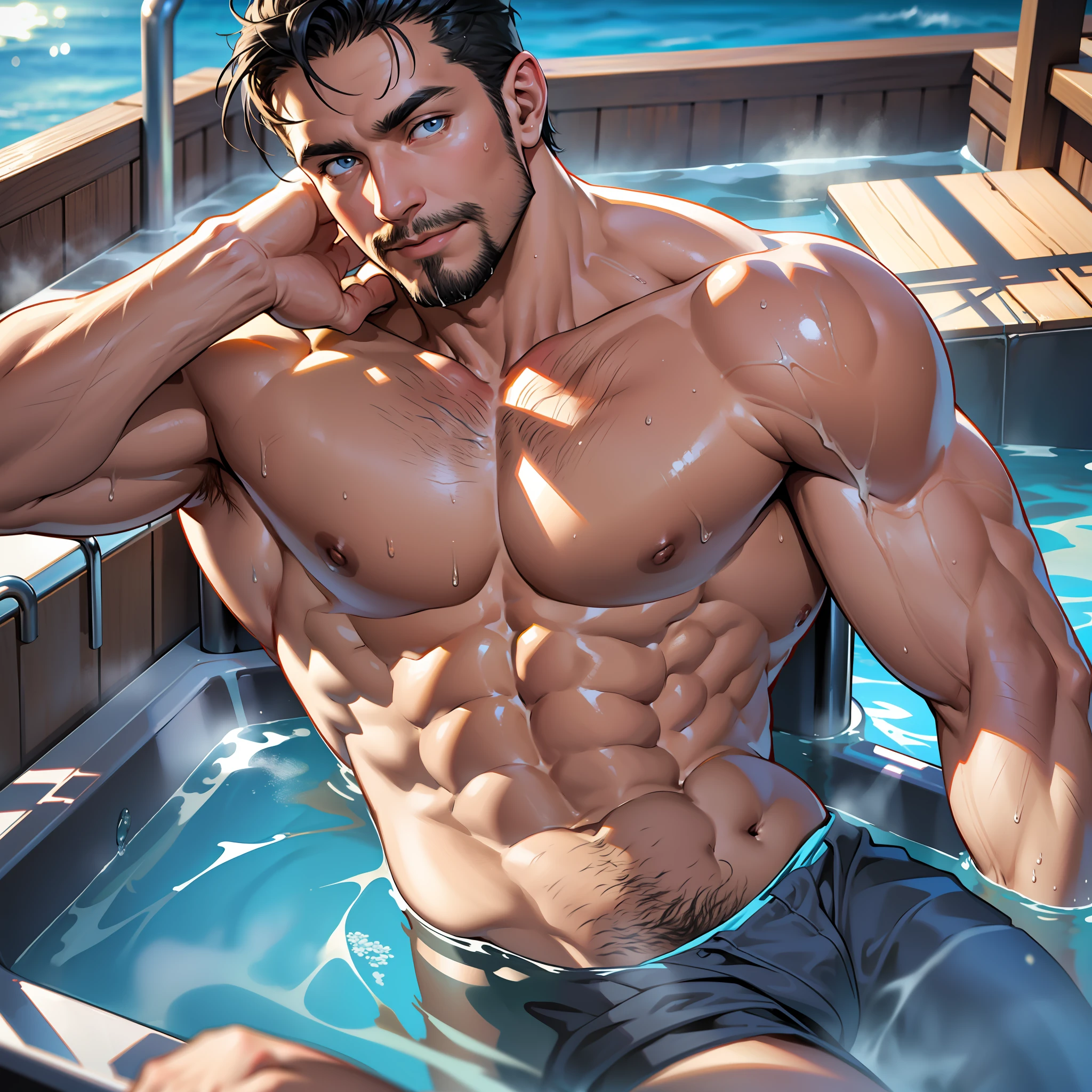 1 man, young middle-aged man, smirks, solo, white skin, muscular, muscle man, tall, hunk, big biceps, abs, wide shoulder, open chest, facial hair, black short hair, wet body, wet hair, shirtless, sitting and chilling in a hot tub, white swim trunk, viewer looking, high resolution:1.2, best quality, upper body shot, flat style, blue sky and hot tub background, low camera angle, volumetric lighting, depth of field, shadow, steamy environment