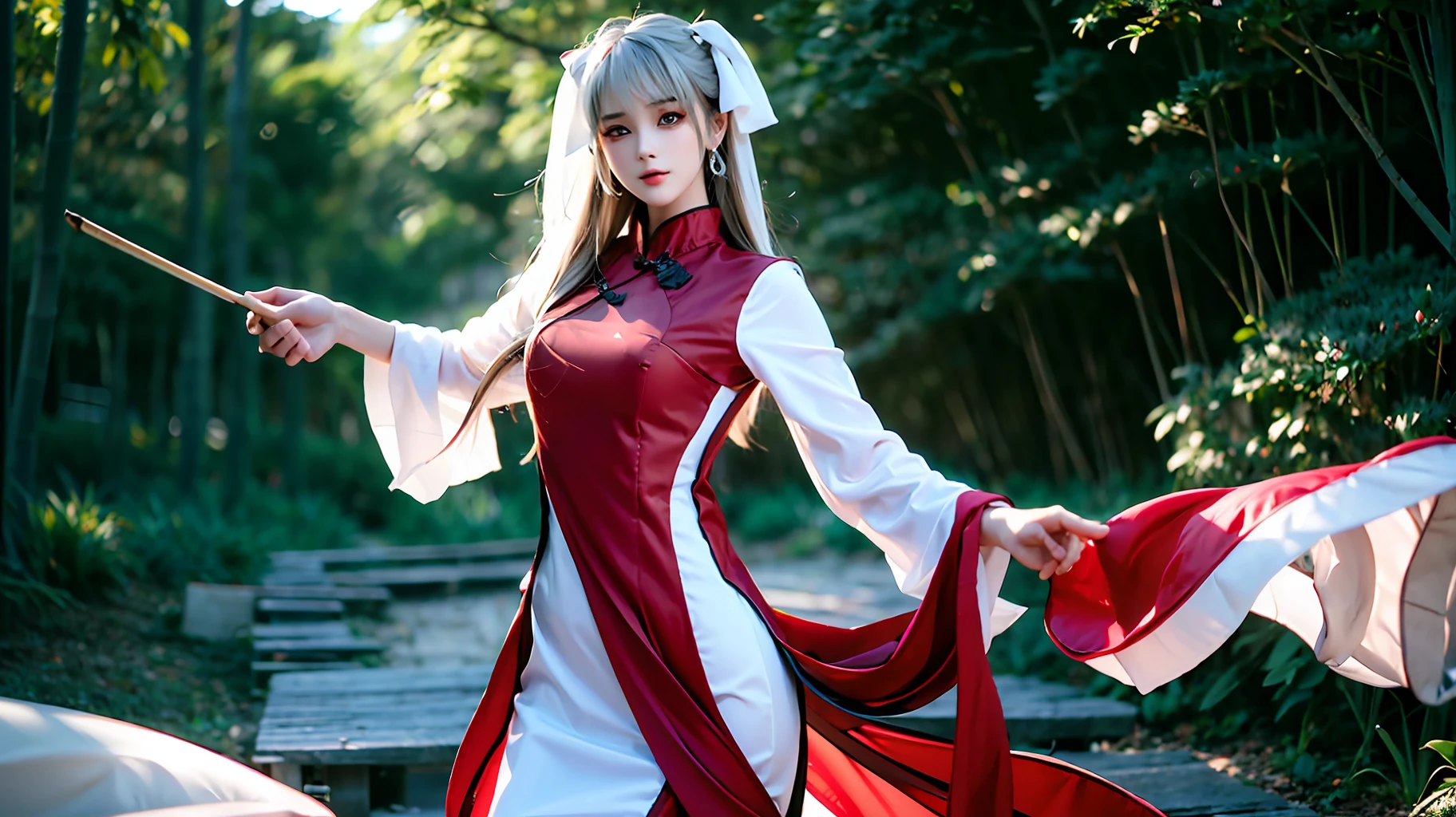 There is a girl in a red dress, peach blossoms, mountain forest, oriental architecture ray tracing, {best quality}, { {masterpiece}}, extremely detailed 8K wallpaper, {an extremely delicate and beautiful}, colorful, intricate details, realism, realism, camera quality, (meticulously portrayed clothes), cold white leather, (meticulously portrayed blush), 1080p, sun, soft cute, smooth light silver hair, messy beauty, lighting, shattered feeling, bright and silky skin, 3D stereoscopic, masterpiece, best quality, Illustration super fine, beautiful eyes, very delicate light, fine glow, very fine 8K CG wallpaper, peach blossom eyes, red pupils, an extremely delicate beautiful girl, 8k wallpaper, best quality, full body close-up, white long dress, luxurious silky bright red chiffon flood (illusion, glitter, ultra-thin, soft,) Hanfu
