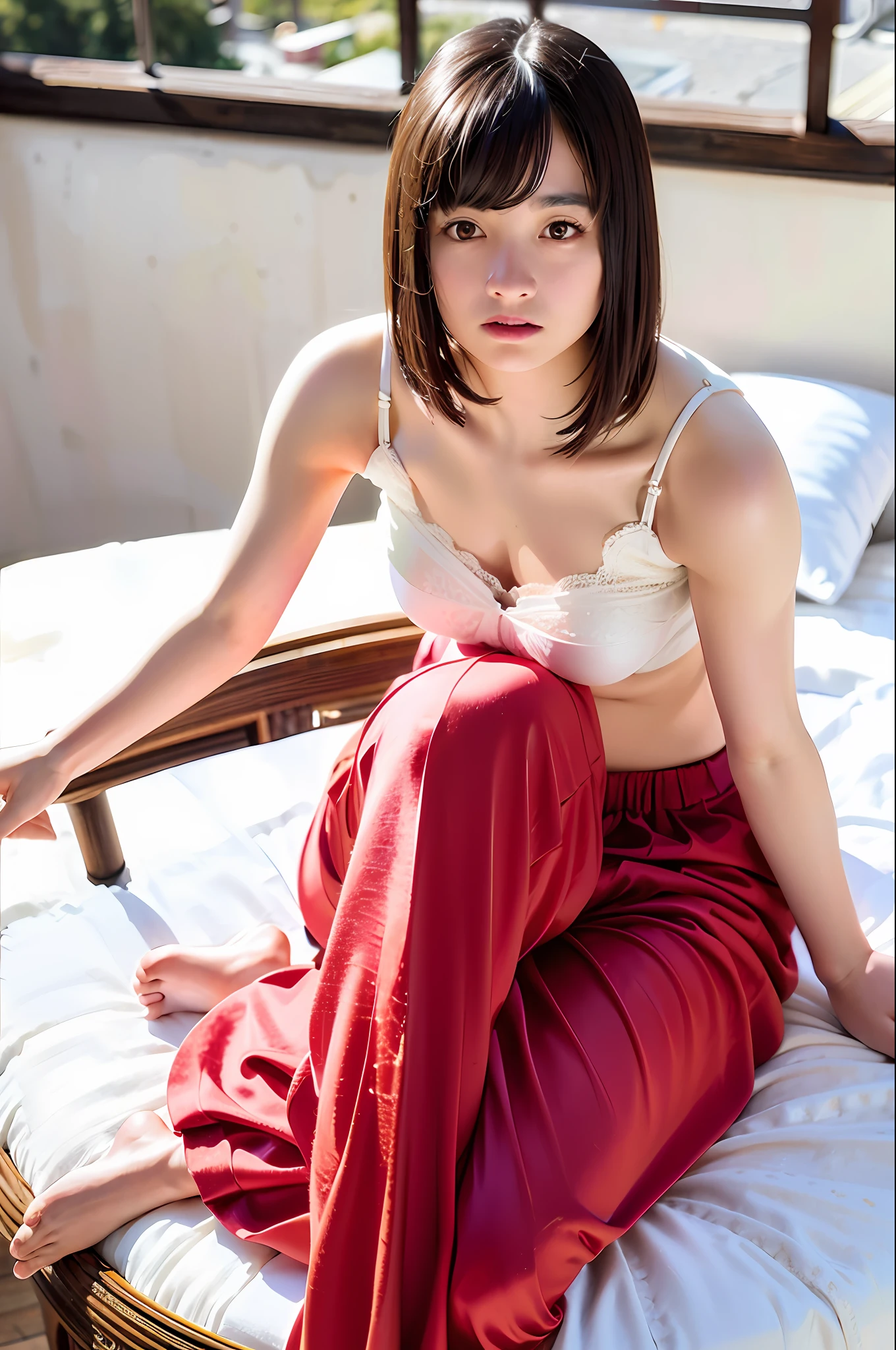 (8k, RAW photo, best quality, masterpiece: 1.2), (realistic, photorealistic: 1.37), 1 girl, Japan person, bed, professional lighting, erotic, photon Wearing mapping, big, ultra-thin red lace underwear: 1.4, areola showing through, pubic shape clearly visible, pants are off, bra is off, Pubic hair is visible on the lower abdomen with pants removed, lower abdomen bristles, slender, crotch open, beautiful woman with perfect figure: 1.4, slender abs: 1.2, highly detailed face and skin texture, ((seductive)), ((sitting, spreading legs)), (soaking breasts)), raw photo, single woman, (crotch open: 1.5), (breast focus: 1.2), masturbation