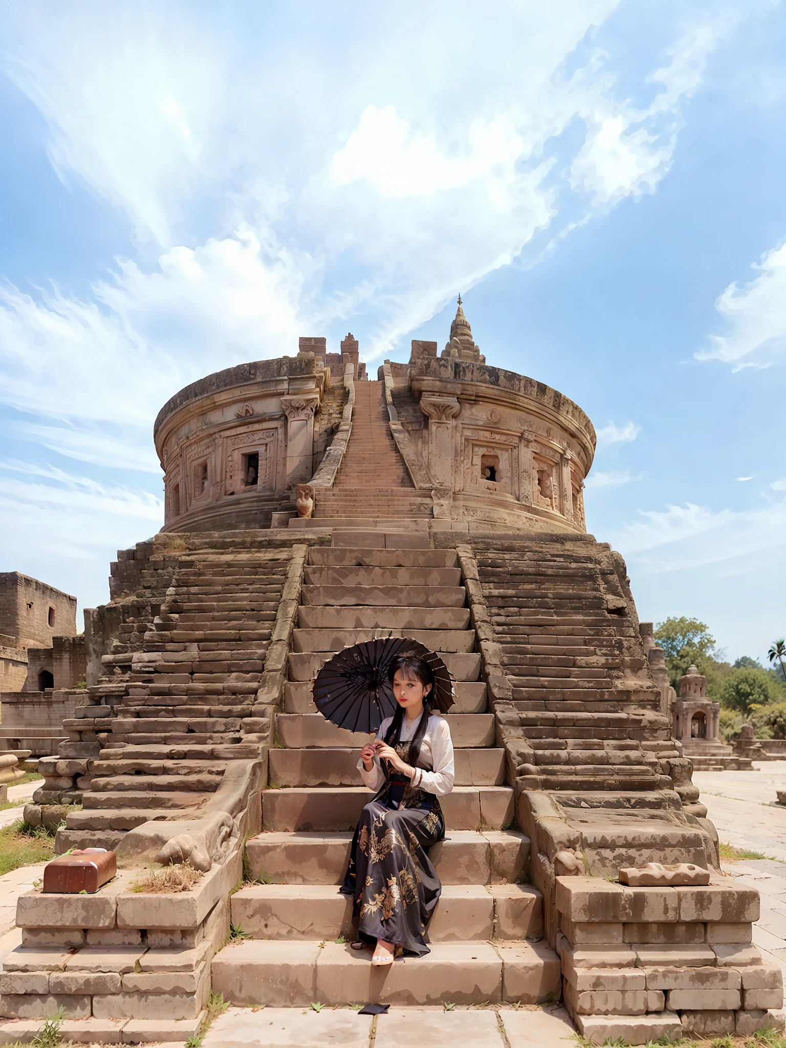 there is a woman sitting on a stone step with an umbrella, at an ancient city, sitting on temple stairs, sukhothai costume, temples behind her, in front of a temple, historical setting, trampling an ancient city, in ancient city ruins, ancient ruins behind her, standing before ancient ruins, beautiful ancient ruins behind, sitting on a stone throne