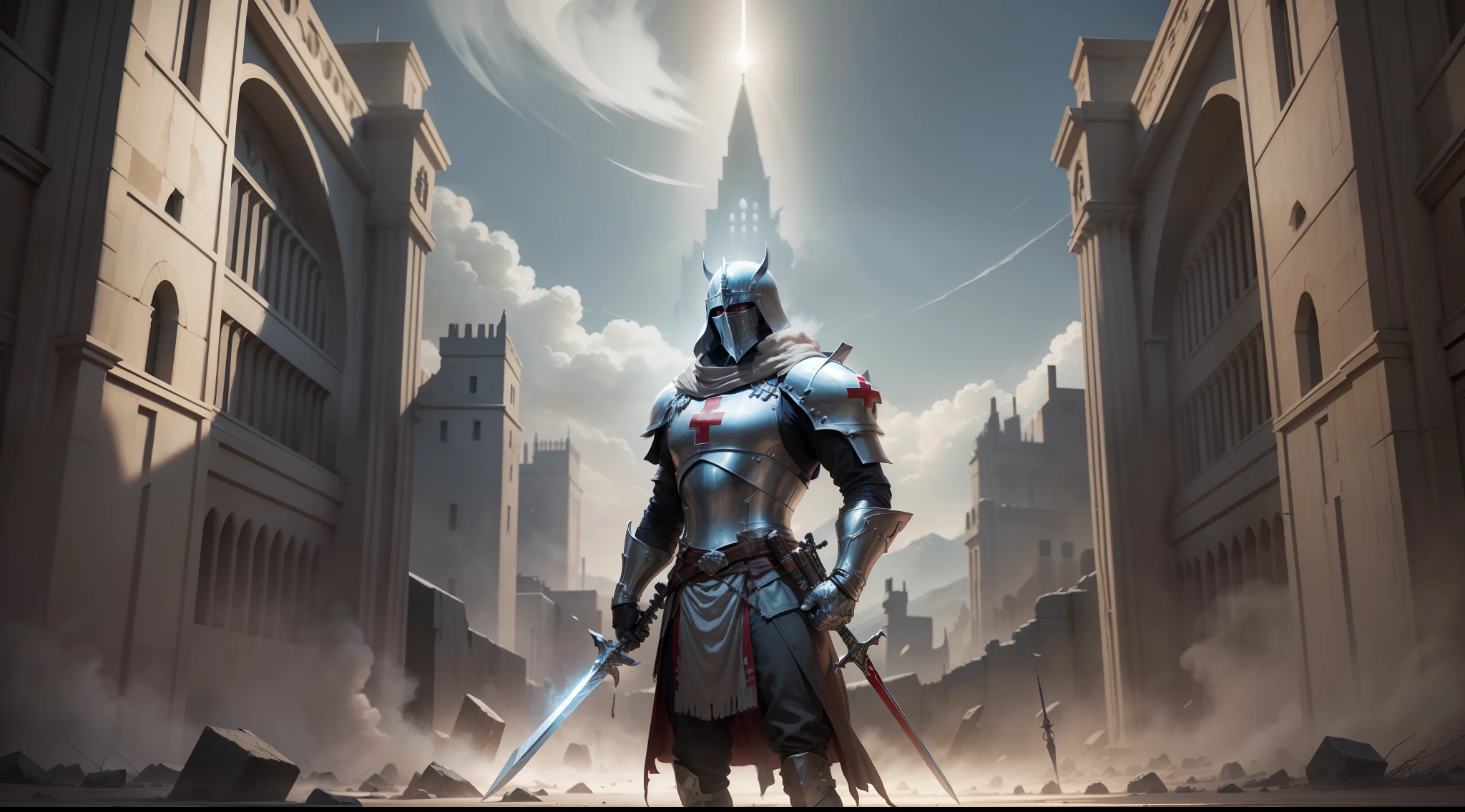 An imposing Knight Templar stands in a desolate landscape, wearing shining armor with a red cross on his chest. He wields a long sword and holds a shield adorned with the symbol of the Templars. In the background, debris and smoke bear witness to past battles. His posture conveys confidence and authority, while his eyes reveal determination., Surrealism, high detail, cinematic lighting, Sony FE GM, lens flare, f/1.8, 135mm, 35mm, first-person view, vanishing point, UHD, anatomically correct, 8k, award winning, best quality, high details