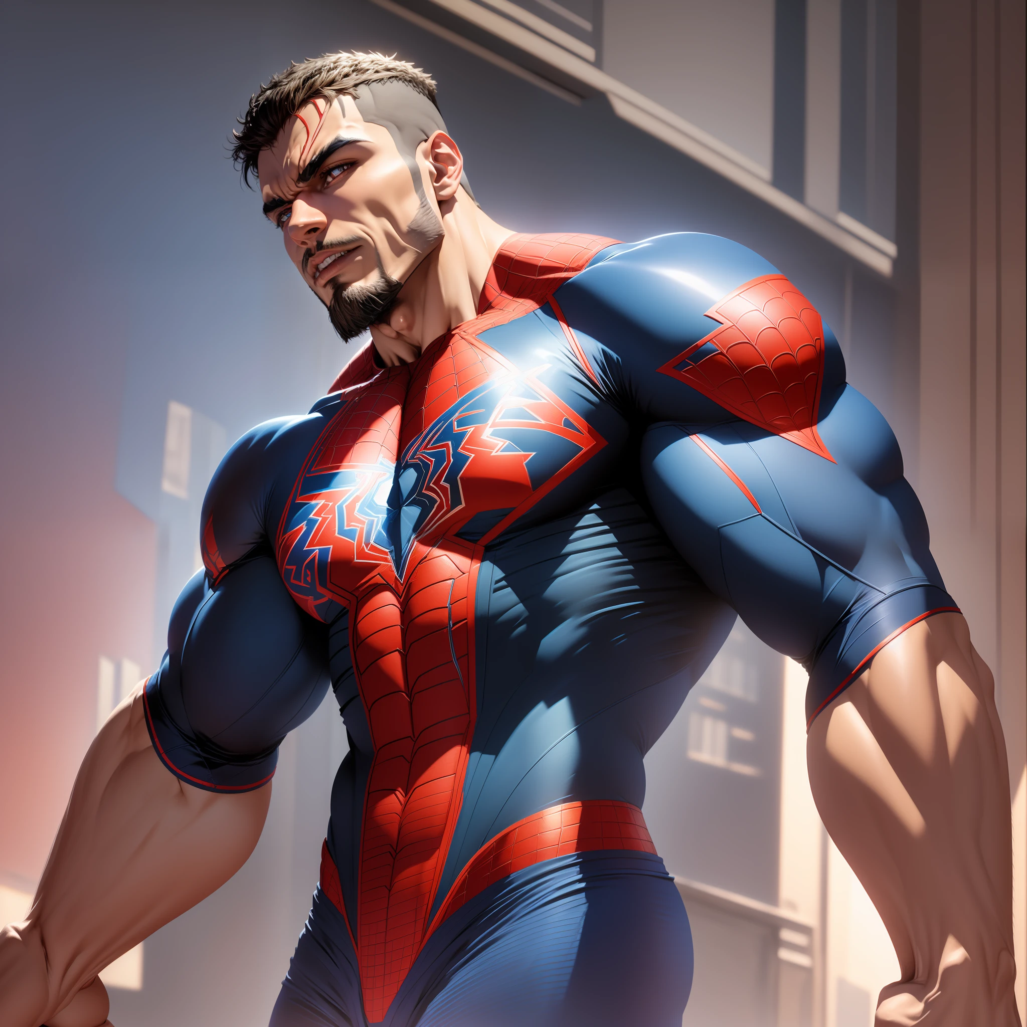 Latin version of Marvel's Spider-Man 2099, muscular body, dark blue clothing with bright red details, no mask, square face, light brown skin, Latin features, vampire teeth, seen from the side
