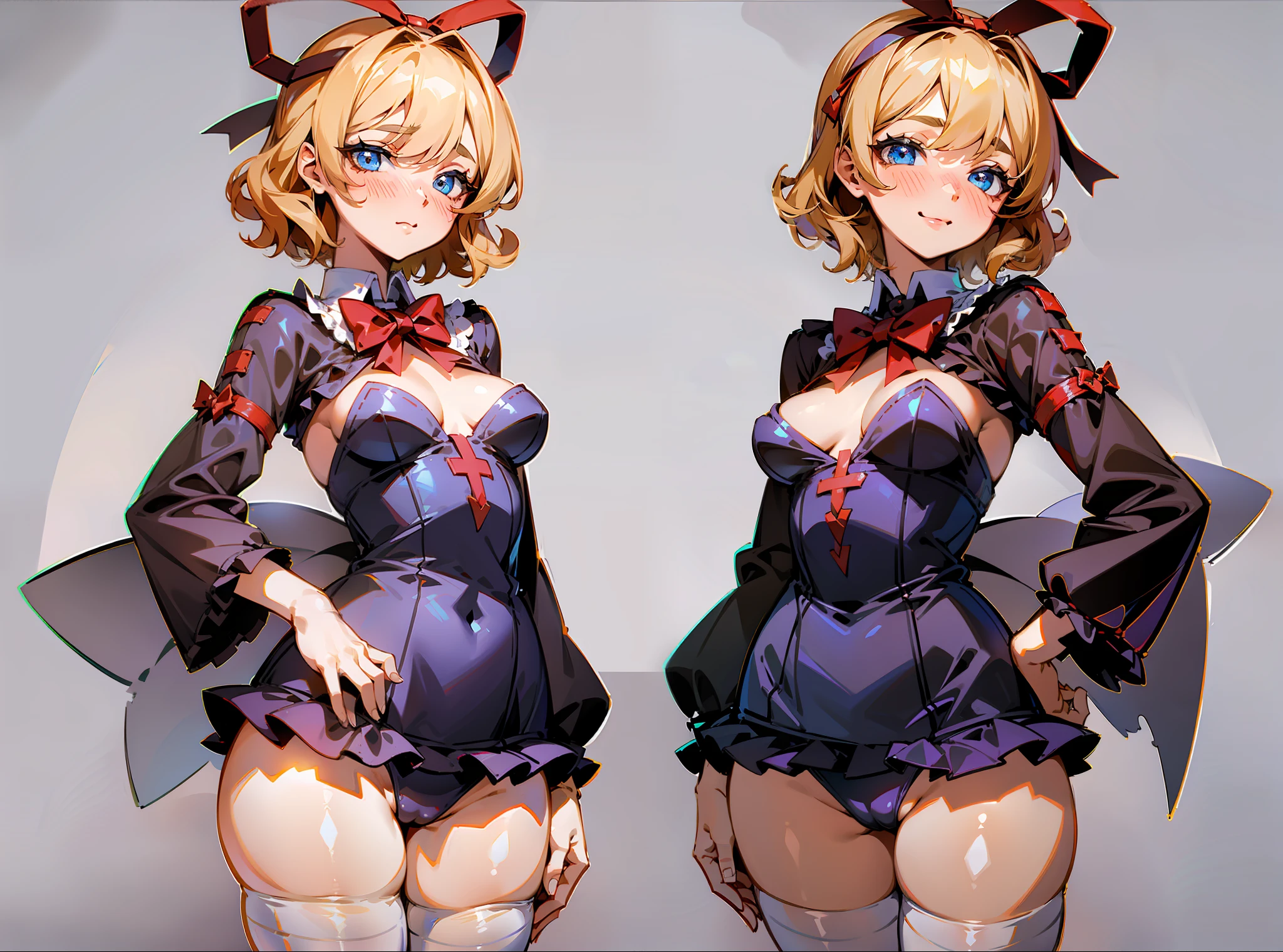 Masterpiece: 1.6, best quality: 1.4, live image: 1.2, intricate details: 1.2, charturnerv2: 1.2, 1lady full body character change, Appearance: young: 1.25, thin: 1.3, blue eyes, thick eyelashes,medium breasts, detailed eyes, quality eyes, Clothing: adapted costume, swimsuit:1.3 Accessories: red bow, red ribbon, Hair: blonde hair, short hair, semi curly hair, natural, shiny skin, (single background, white background:1.8), transparent Background, multiple views, multiple views of the same character in the same outfit: 1.3., character sheet: 1.2, multiple facial expressions: 1.3, seductive smile, sexy, shaded face, white legwear, white thighhighs, blush, nose blush:1.2