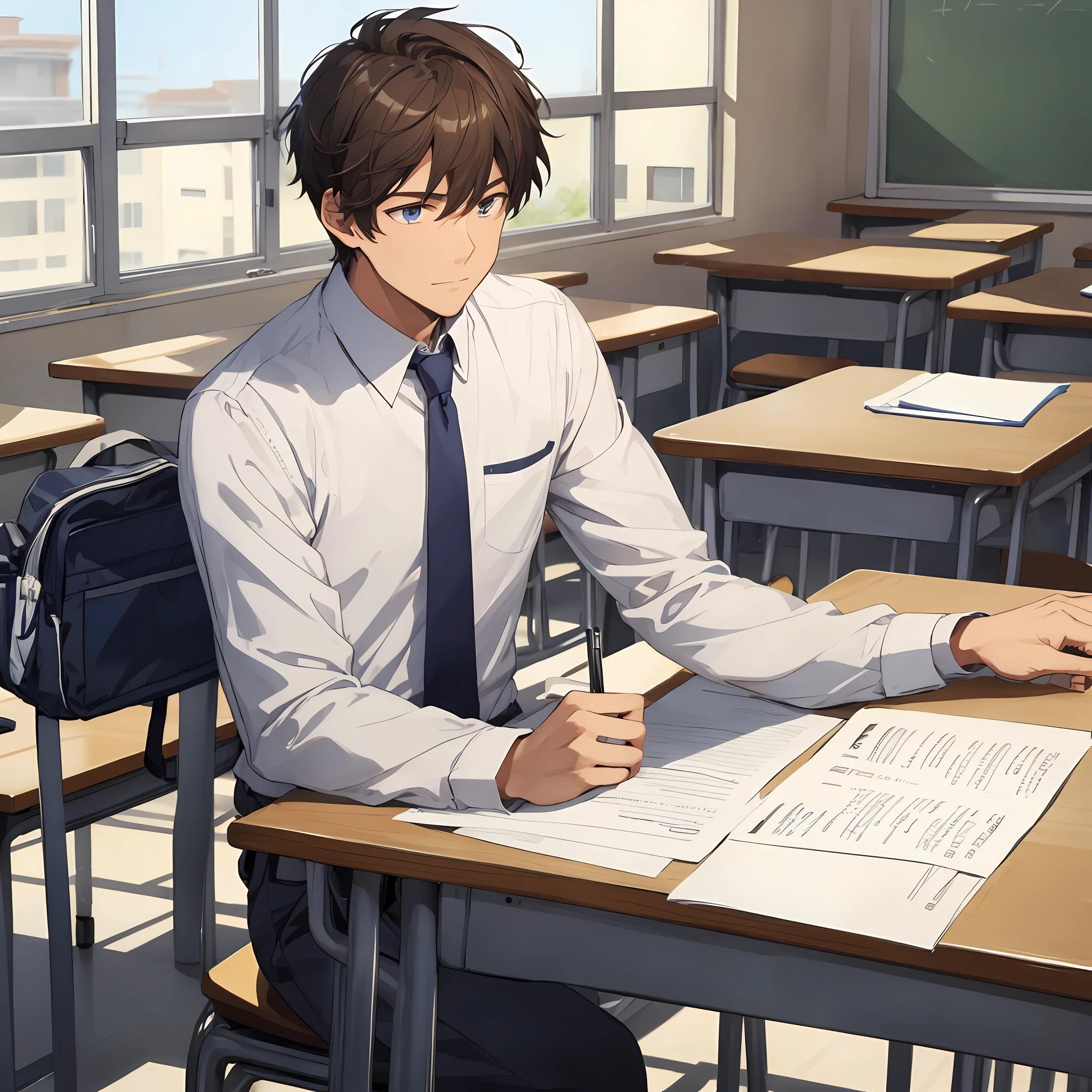 One, handsome high school boy, sitting in the classroom, working on a test paper