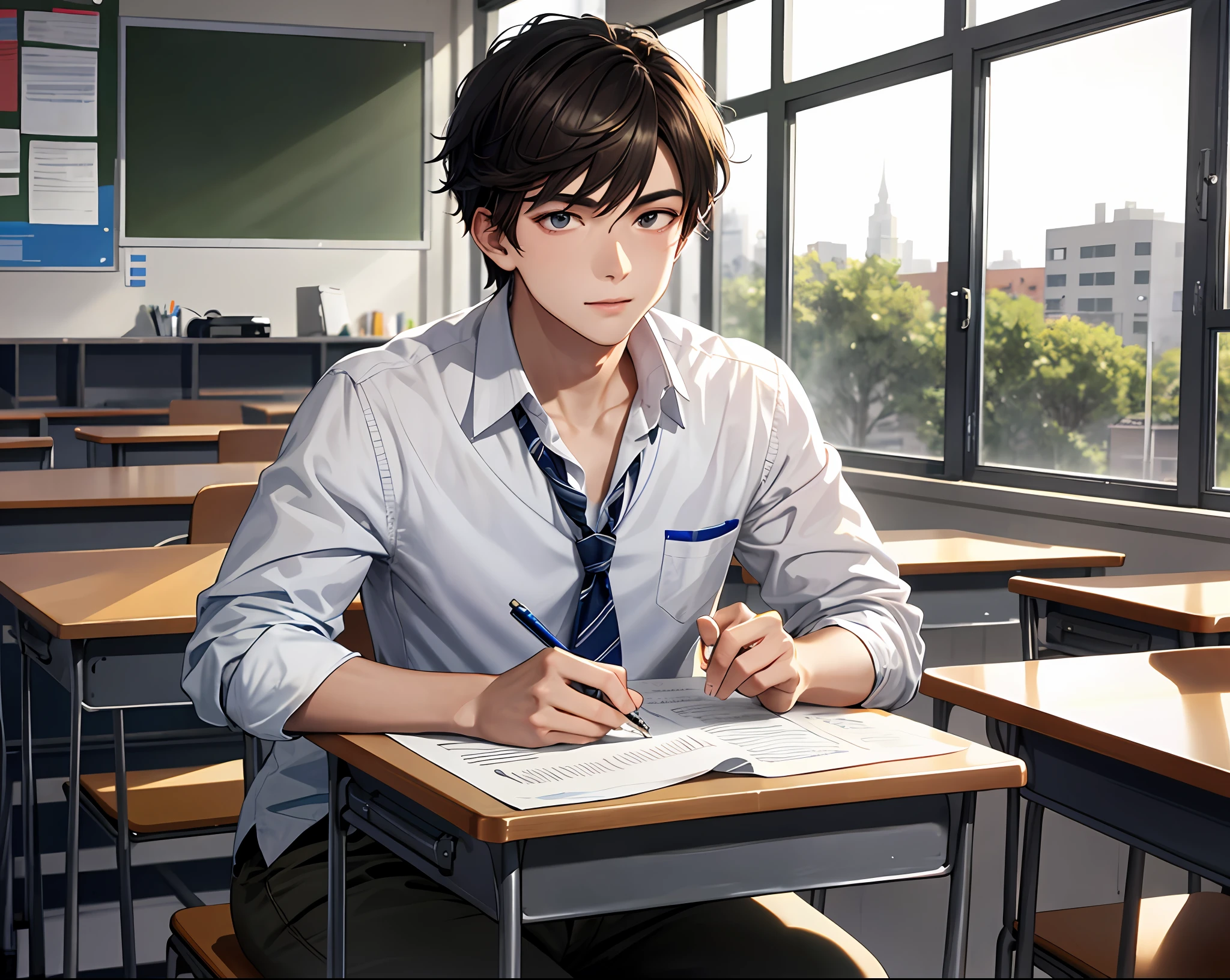 (Best Quality, Masterpiece), HDR, a handsome high school boy, sitting in a classroom, doing a test paper