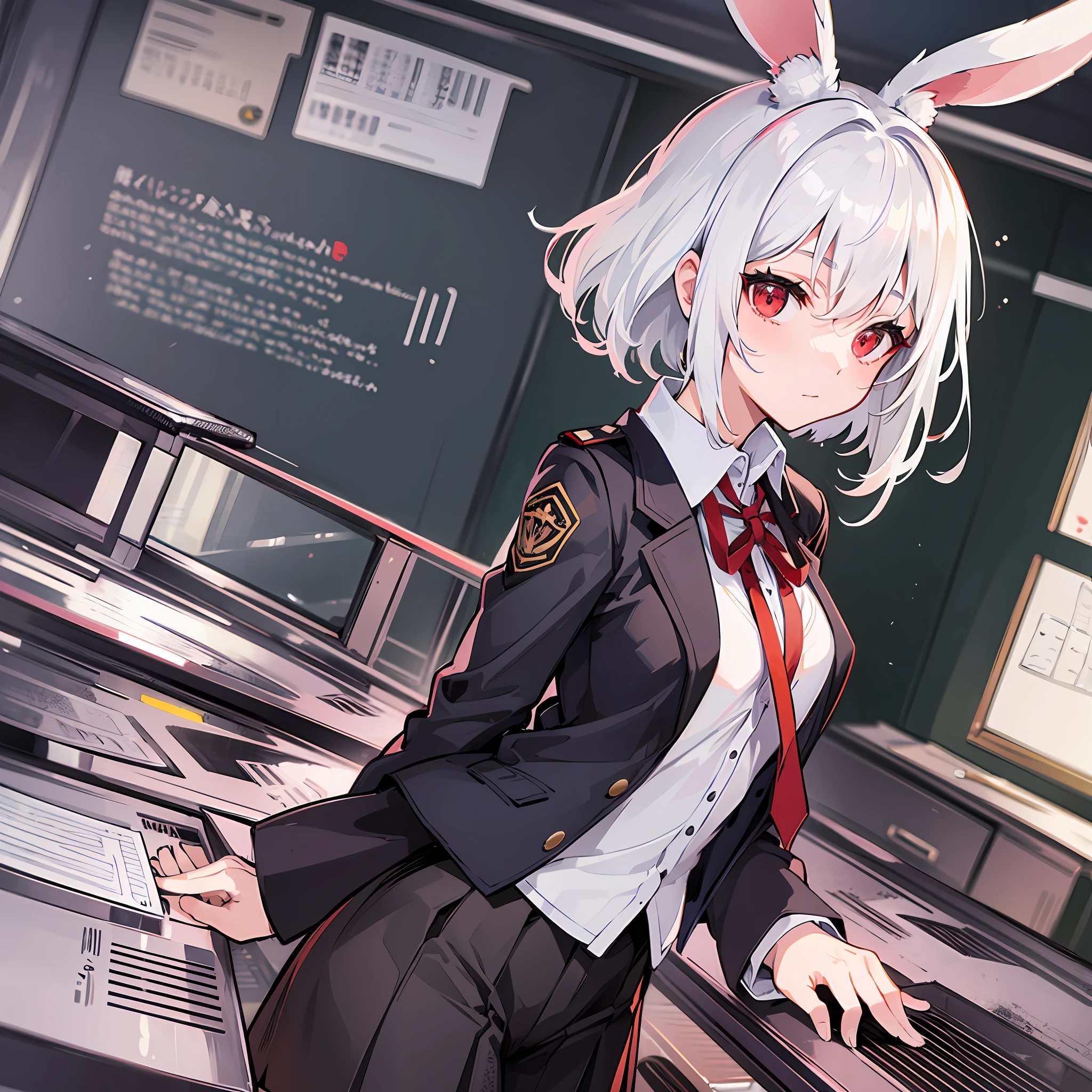 A woman, white hair, rabbit ears, red eyes, short high school uniform, inside the classroom, short hair, adult body