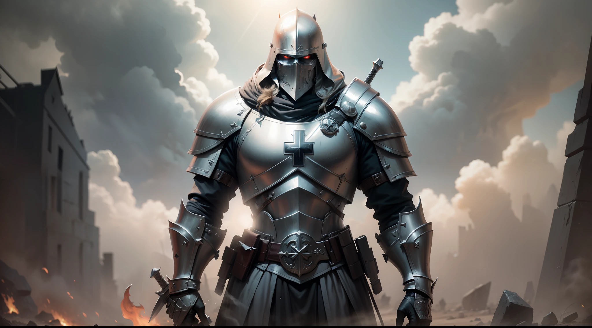 An imposing Knight Templar stands in a desolate landscape, wearing shining armor with a red cross on his chest. He wields a long sword and holds a shield adorned with the symbol of the Templars. In the background, debris and smoke bear witness to past battles. His posture conveys confidence and authority, while his eyes reveal determination., Surrealism, high detail, cinematic lighting, Sony FE GM, lens flare, f/1.8, 135mm, 35mm, first-person view, vanishing point, UHD, anatomically correct, 8k, award winning, best quality, high details