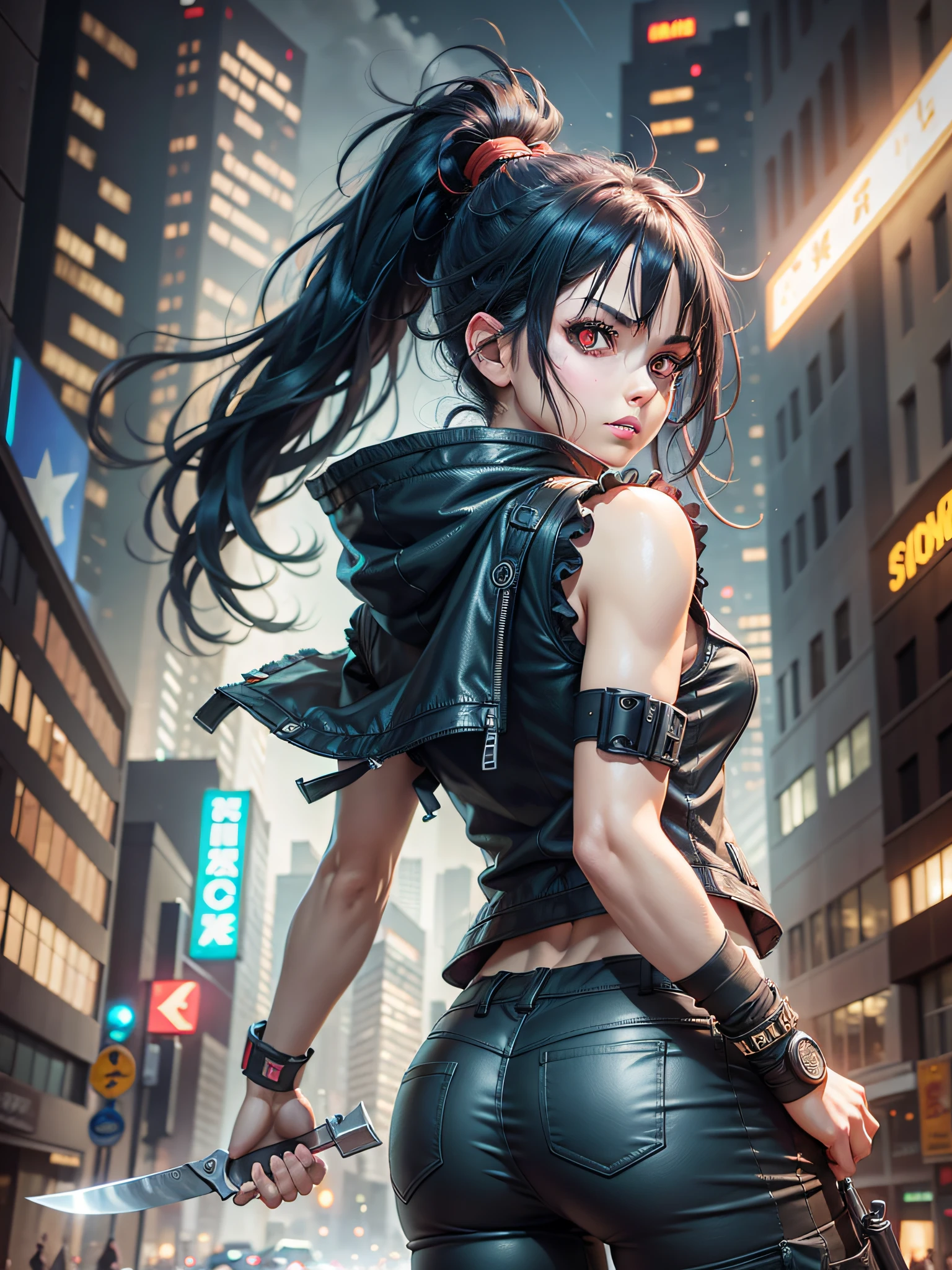 girl, wearing a sleeveless jacket, tactical trousers, (throwing a knife toward viewer), black hair, dark blue hair, short ponytail, floating hair, glowing eyes, red eyes, crazy eyes, wide-eyed, clenched teeth, serious, dark alley, edgy lighting,dark lighting, (night time) , anime style, cinematic lighting, motion blur, UHD, masterpiece, 16k, HD, best quality, anatomically correct, super detail