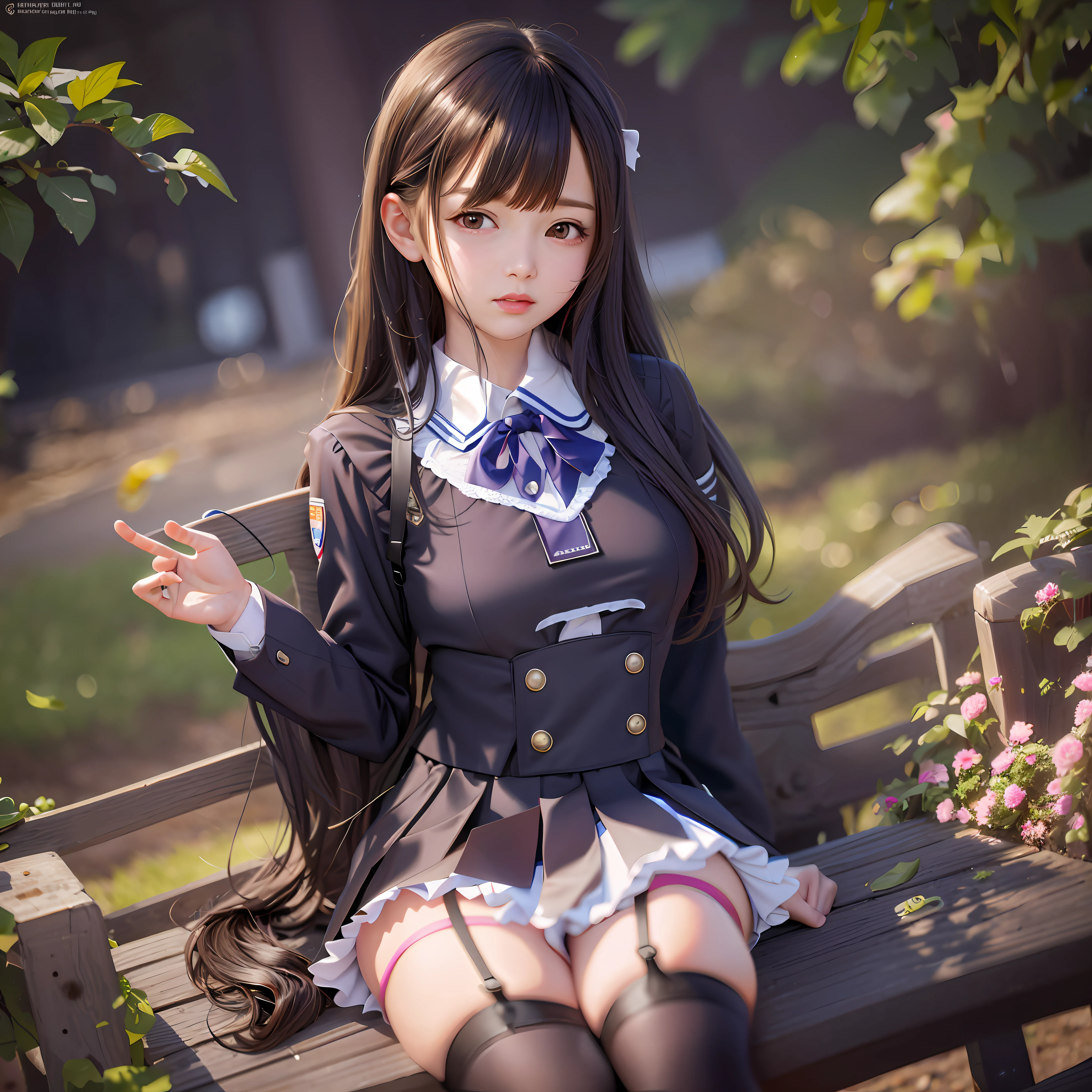 On the benches in the park, (cosplay + surreal schoolgirl + realistic schoolgirl), (squatting position), small waist, cute girl surrounded by flowers, super temperament, full of feeling. (1girl), (high school uniform), ultra-detailed, full of girly beauty, delicate and energetic. (Vibrant+Anime Style), rendering lifelike two-dimensional colors, beyond realistic picture style.