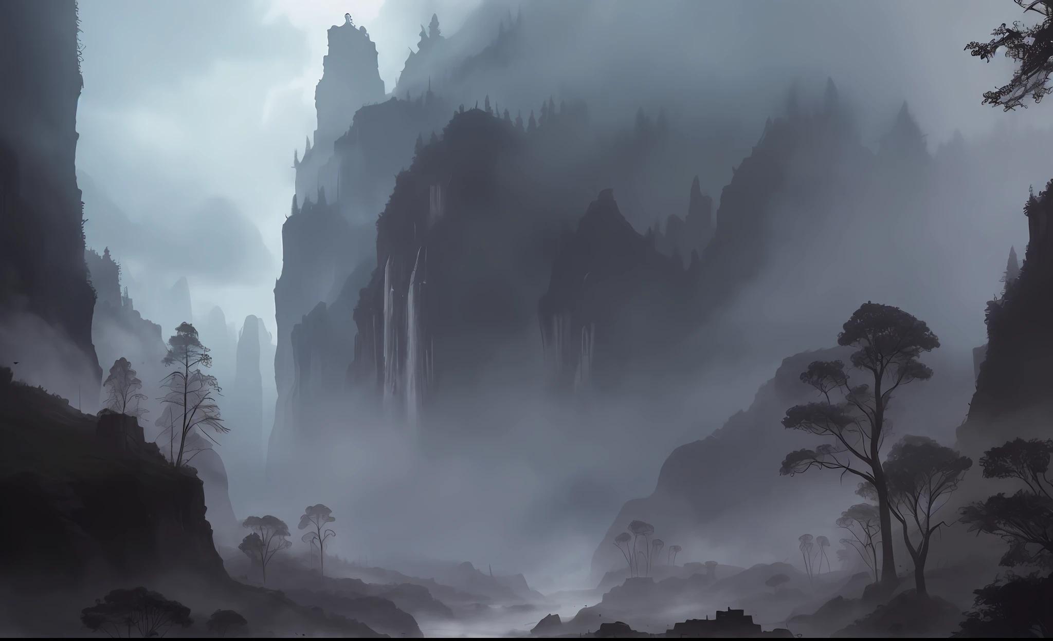 ConceptArt, no humans, scenery, dark fantasy, valley, pueblo, tall trees, dark clouds, village in a deep canyon covered in giant spider webs, subterranean, building, nature, grey atmosphere, foggy, horror