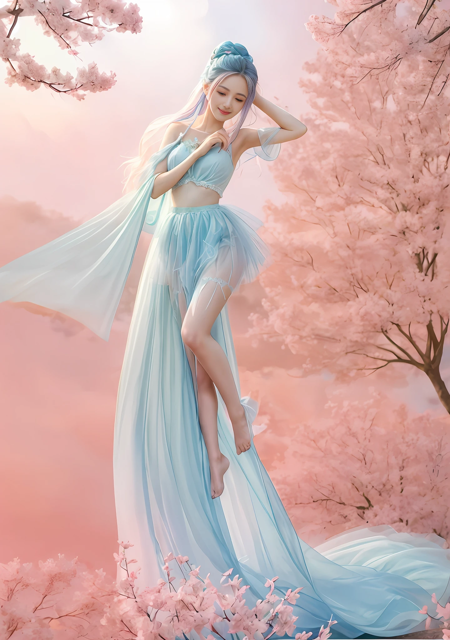 1 girl, single, (feet in the sky: 1.3), blue sky, mirror, (light pink and light sky blue style: 0.2), ethereal leaves, playful arrangements, fantasy, high contrast, (8K wallpaper: 1.3), realistic, octane rendering, surreal, (skin dents: 1.5), (realistic face: 1.2), (hands and feet blurred), sharp focus, masterpiece, (best quality), (mirror illumination: 1.5), light on the face, sharp face, long hair, light makeup, smile: 1.2, cute, (after fingering: 1.1), (long tulle: 1.6), wind, bun, (leg covering: 1.3),