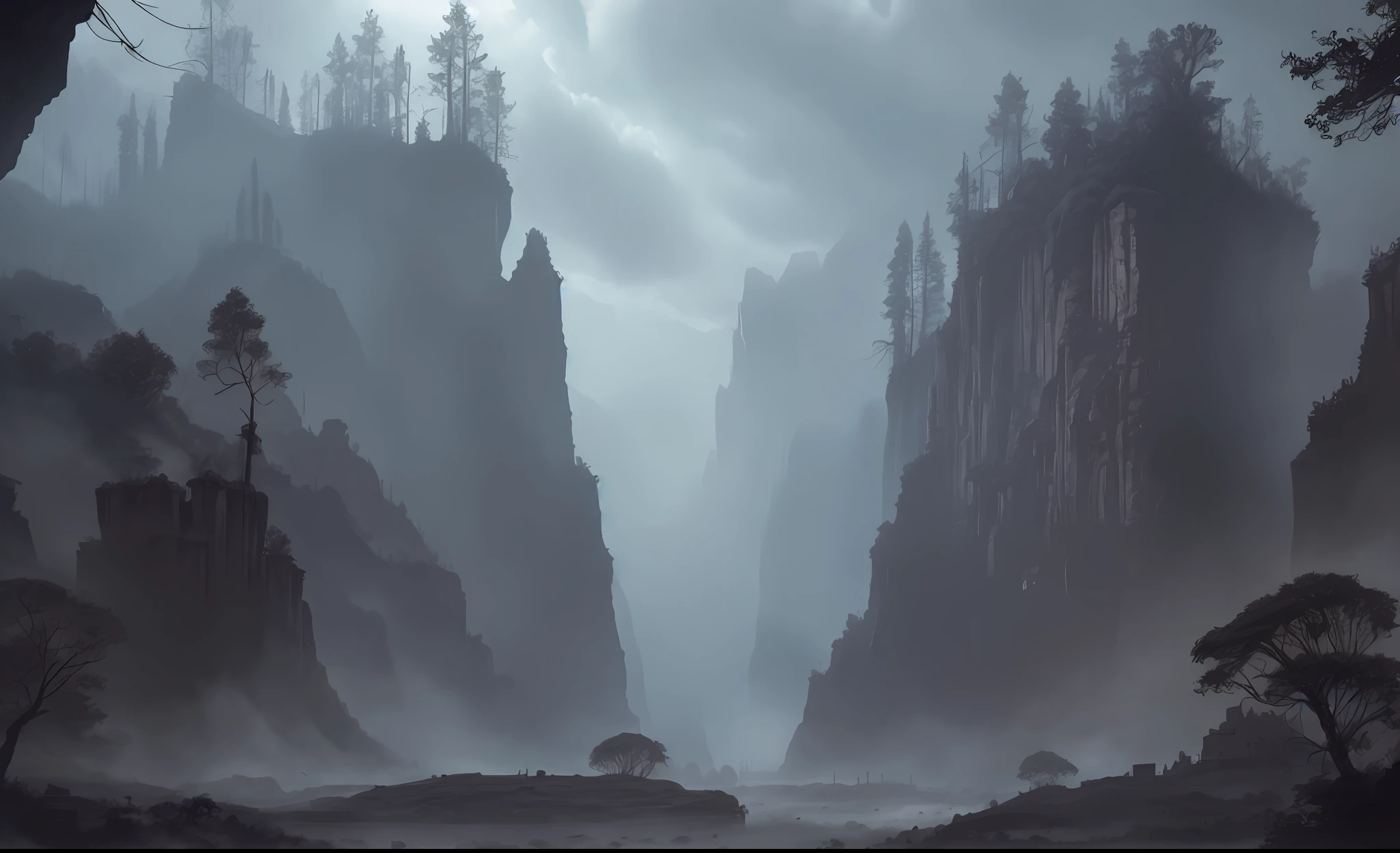 ConceptArt, no humans, scenery, dark fantasy, valley, pueblo, tall trees, dark clouds,  village in a deep canyon covered in giant spider webs, subterranean, building, nature, grey atmosphere, foggy, horror