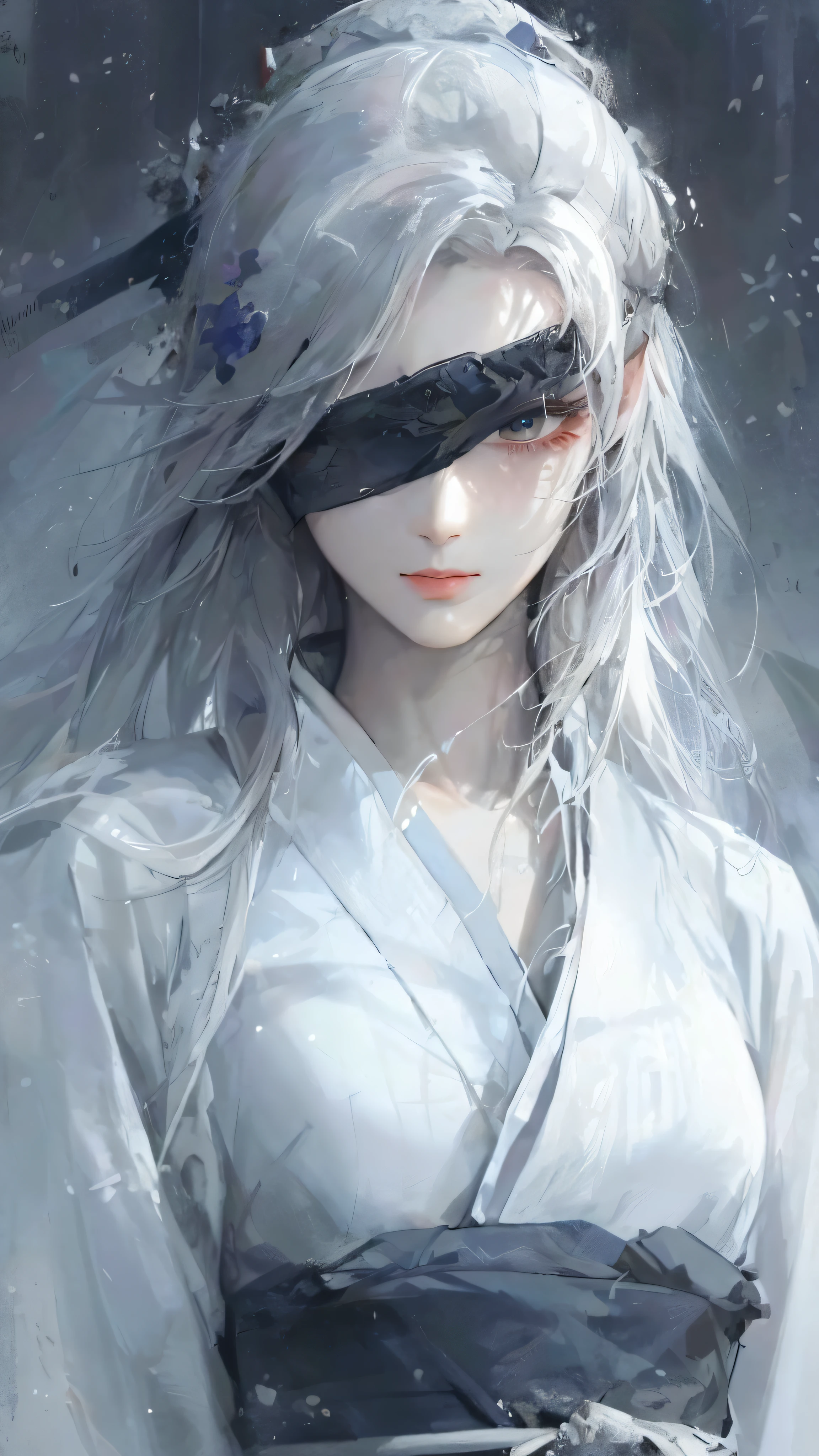 (((Beautiful Figure Painting))), Guvez Style, Fan Qi, Wu Zhun Shifan, White Haired God, Yang J, Epic Fine Character Art, Stunning Character Art, (((close-up of Woman with White Hair and White Mask))), at Pixiv Art Station.