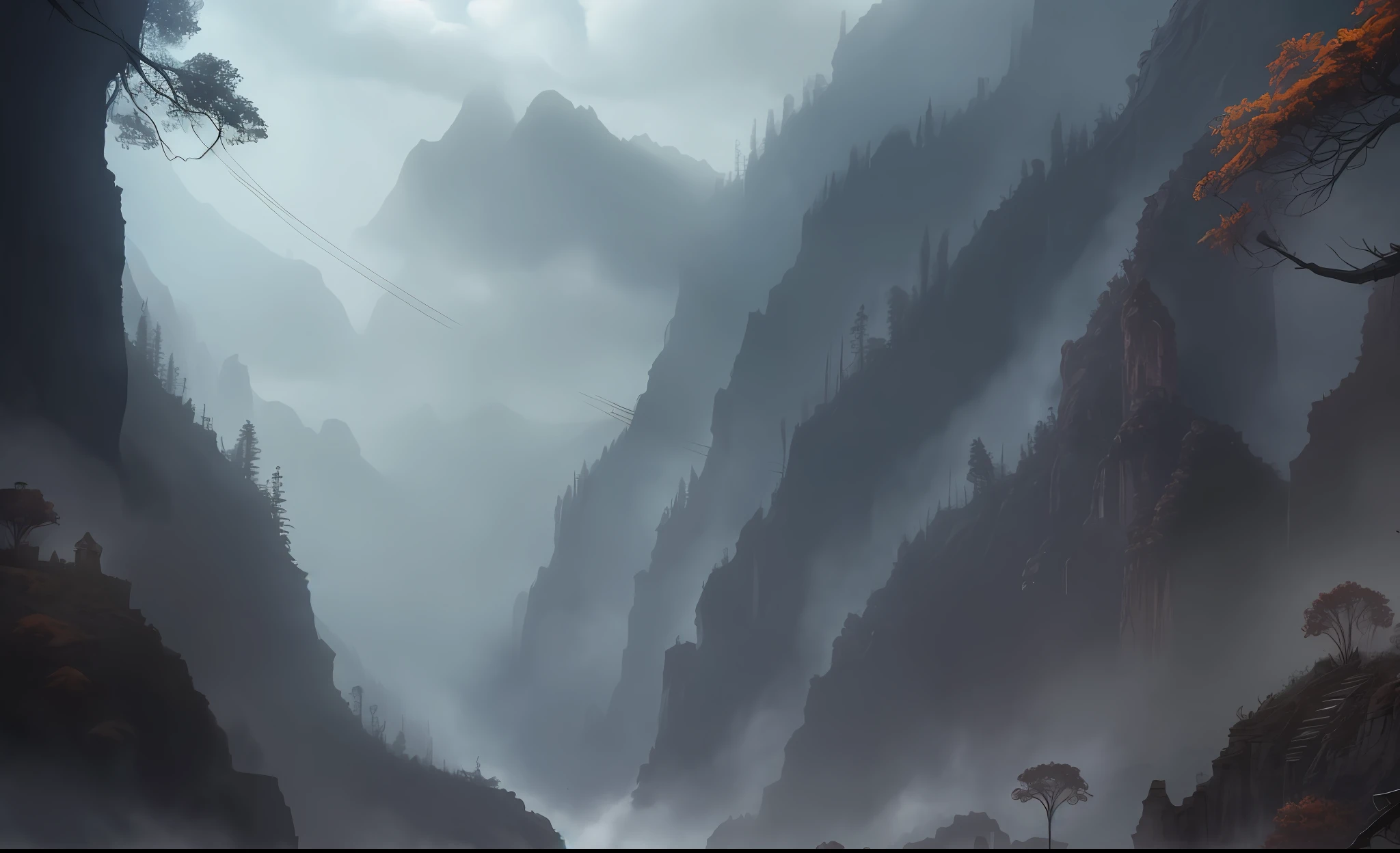 ConceptArt, no humans, scenery, dark fantasy, valley, pueblo, tall trees, dark clouds,  village in a deep canyon covered in giant spider webs, subterranean, building, nature, grey atmosphere, foggy, horror