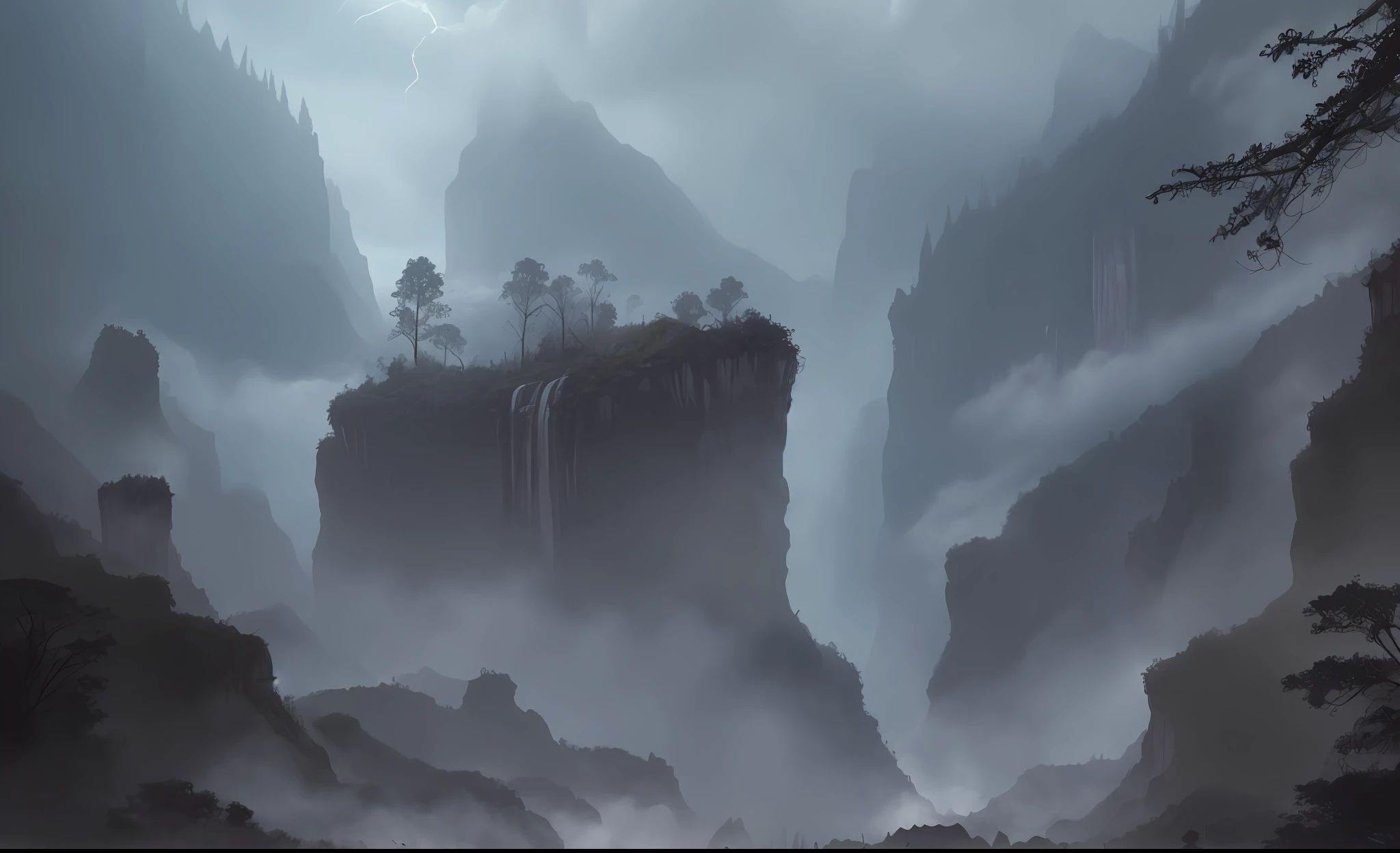 ConceptArt, no humans, scenery, dark fantasy, valley, pueblo, tall trees, dark clouds,  village in a deep canyon covered in giant spider webs, subterranean, building, nature, grey atmosphere, foggy, horror