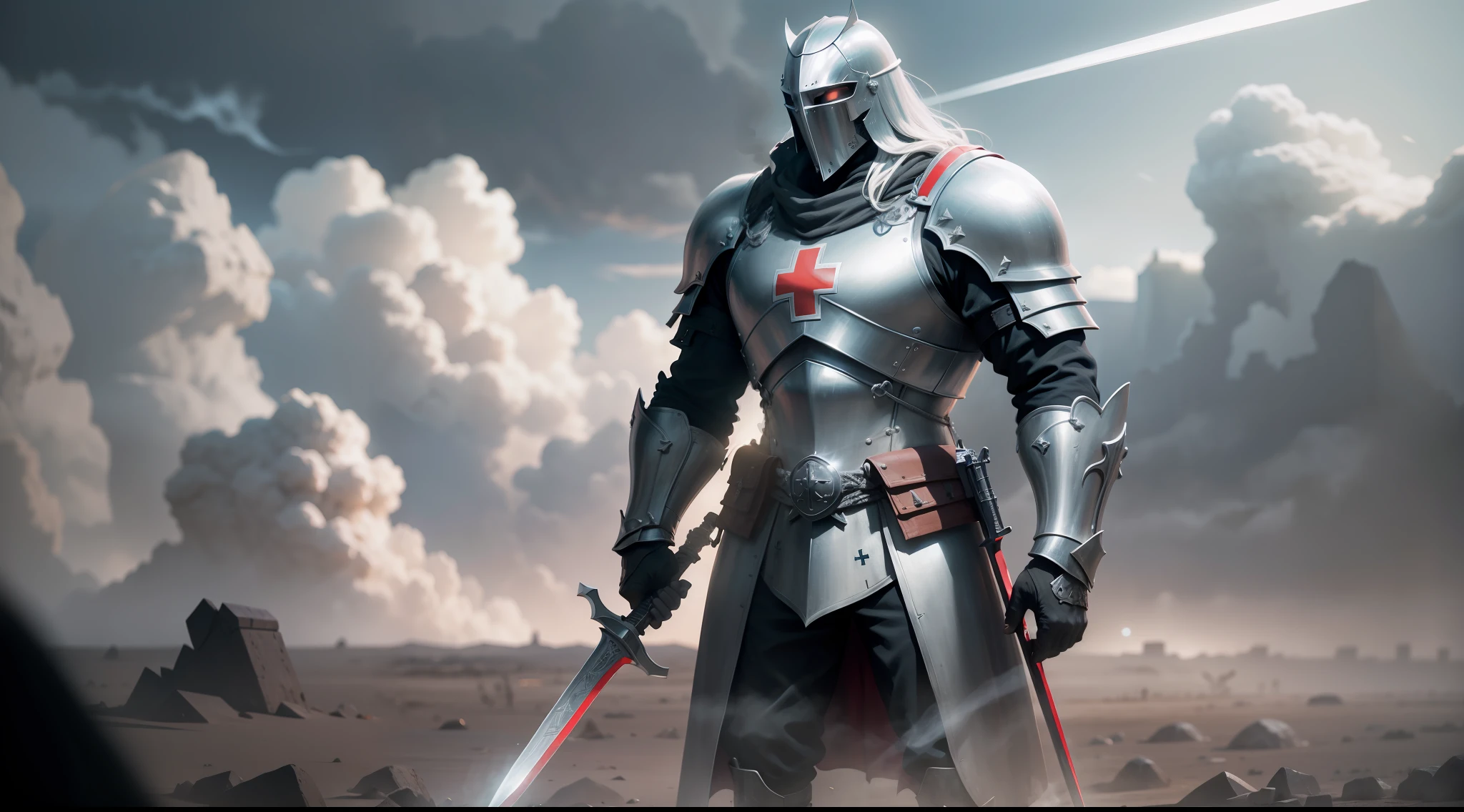 An imposing Knight Templar stands in a desolate landscape, wearing shining armor with a red cross on his chest. He wields a long sword and holds a shield adorned with the symbol of the Templars. In the background, debris and smoke bear witness to past battles. His posture conveys confidence and authority, while his eyes reveal determination., Surrealism, high detail, cinematic lighting, Sony FE GM, lens flare, f/1.8, 135mm, 35mm, first-person view, vanishing point, UHD, anatomically correct, 8k, award winning, best quality, high details