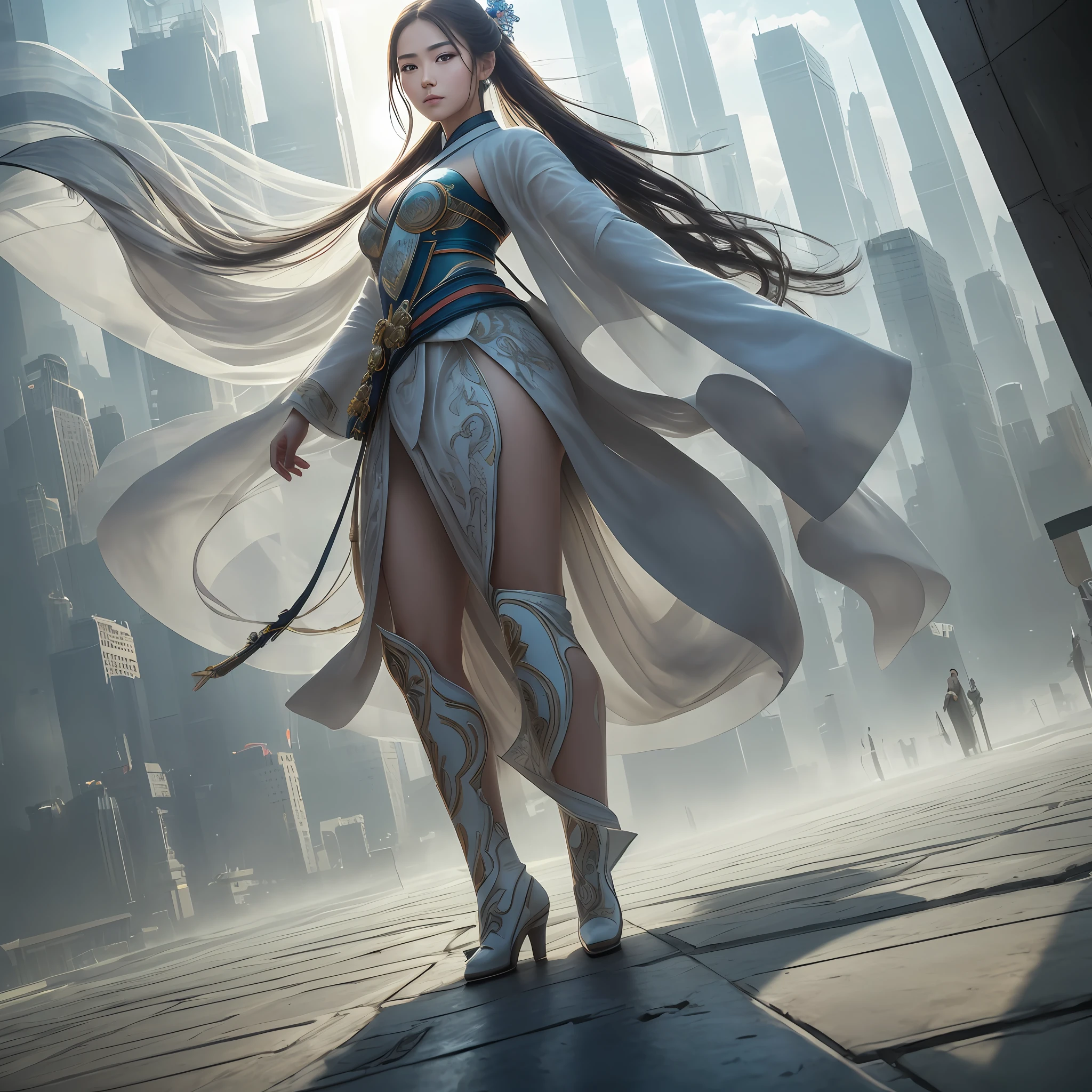 RAW, Masterpiece, Super Fine Photo, Best Quality, Ultra High Resolution, Photorealistic Photorealism, Sunlight, Full Body Portrait, Amazing Beauty, Dynamic Pose, Delicate Face, Vibrant Eyes, (viewed from the side), She is wearing gorgeous Hanfu, Very detailed background, Detailed face, Detailed complex busy background, Messy, gorgeous, milky, Highly detailed skin, Realistic skin details, visible pores, sharp focus, volumetric fog, 8k UHD, DSLR, high quality, film grain, fair skin, photorealism, lomography, sprawling metropolis in a futuristic dystopia, seen from below, translucent --auto --s2