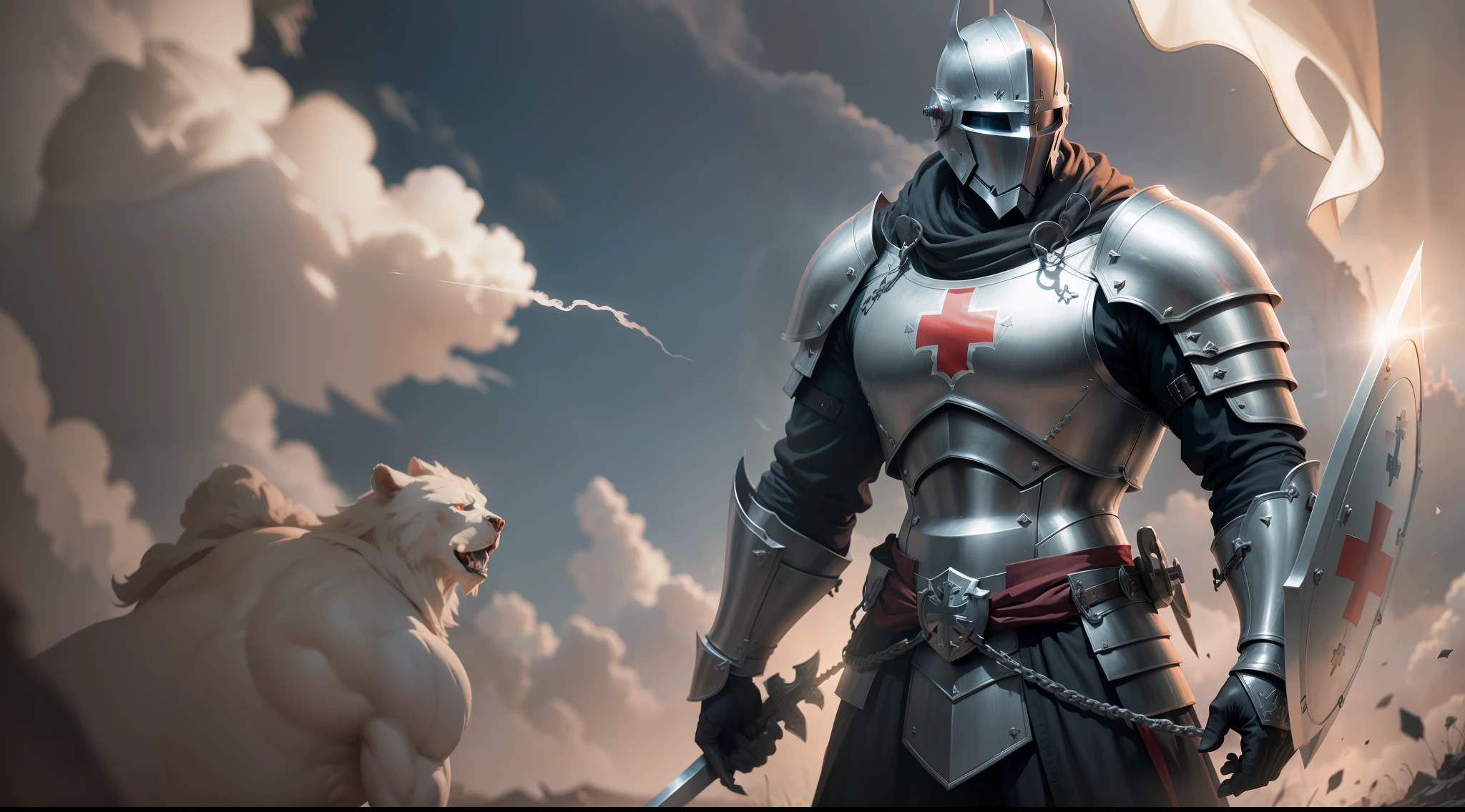 An imposing Knight Templar stands in a desolate landscape, wearing shining armor with a red cross on his chest. He wields a long sword and holds a shield adorned with the symbol of the Templars. In the background, debris and smoke bear witness to past battles. His posture conveys confidence and authority, while his eyes reveal determination., Surrealism, high detail, cinematic lighting, Sony FE GM, lens flare, f/1.8, 135mm, 35mm, first-person view, vanishing point, UHD, anatomically correct, 8k, award winning, best quality, high details